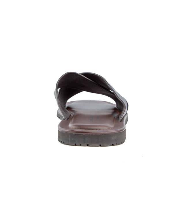 Elegant black cross-strap leather sandals with cushioned footbed and durable rubber sole, offering both comfort and style for casual and semi-formal wear.