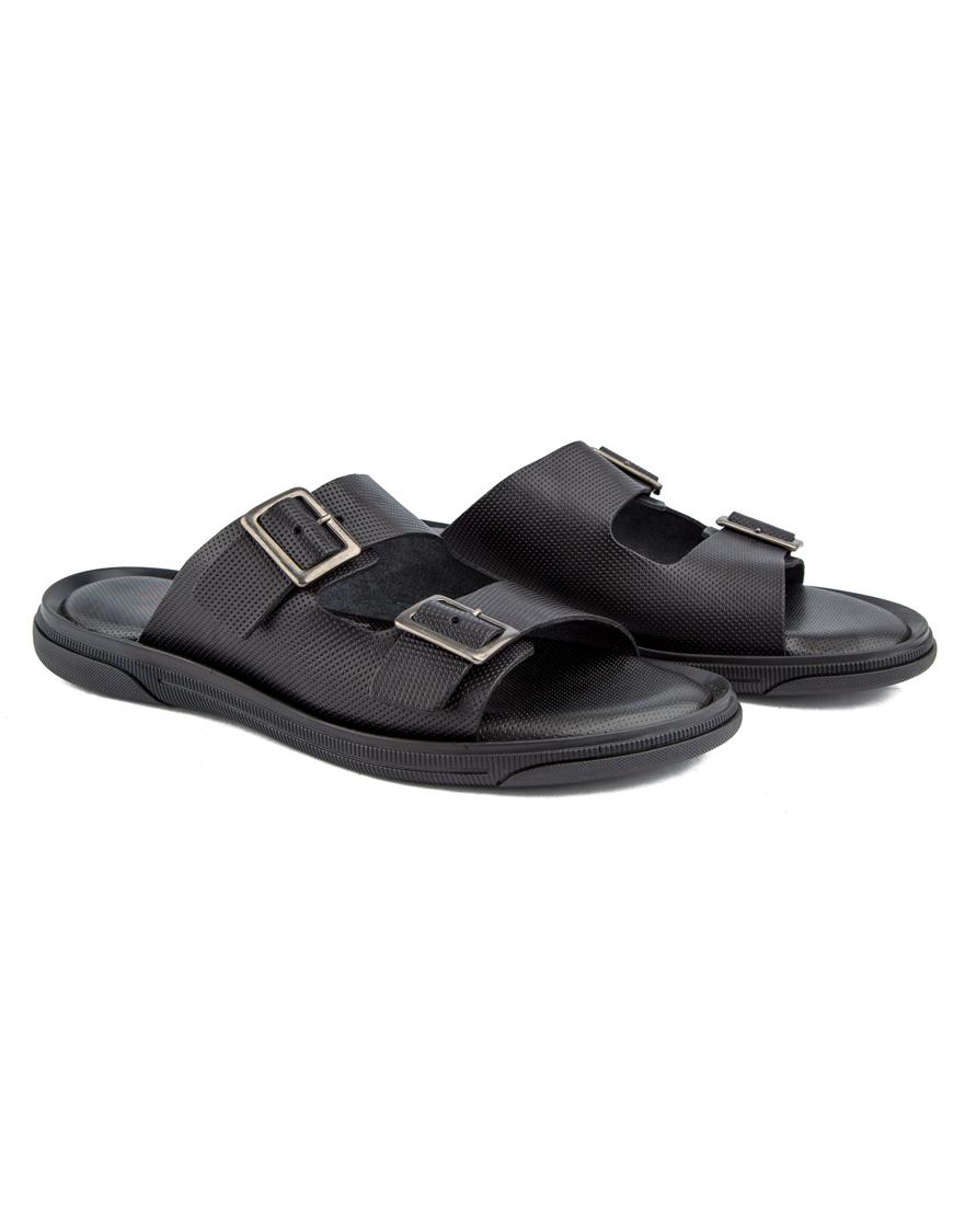 Men’s black slide sandals with double buckle design, cushioned sole, and anti-slip rubber outsole—ideal for comfort, durability, and everyday wear.