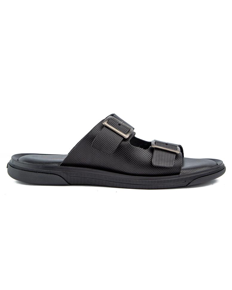 Men’s black slide sandals with double buckle design, cushioned sole, and anti-slip rubber outsole—ideal for comfort, durability, and everyday wear.