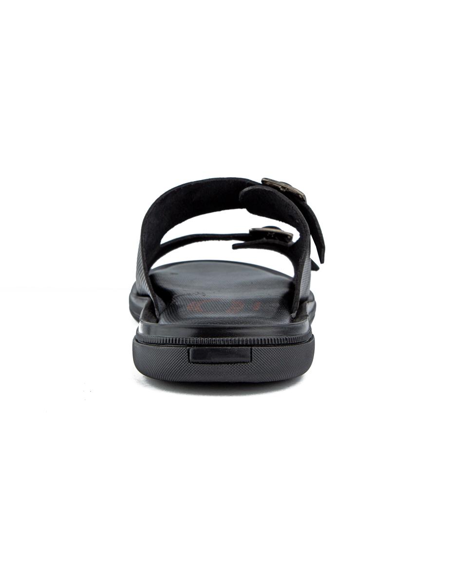 Men’s black slide sandals with double buckle design, cushioned sole, and anti-slip rubber outsole—ideal for comfort, durability, and everyday wear.