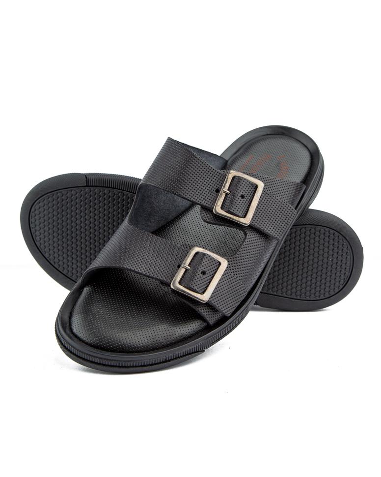 Men’s black slide sandals with double buckle design, cushioned sole, and anti-slip rubber outsole—ideal for comfort, durability, and everyday wear.