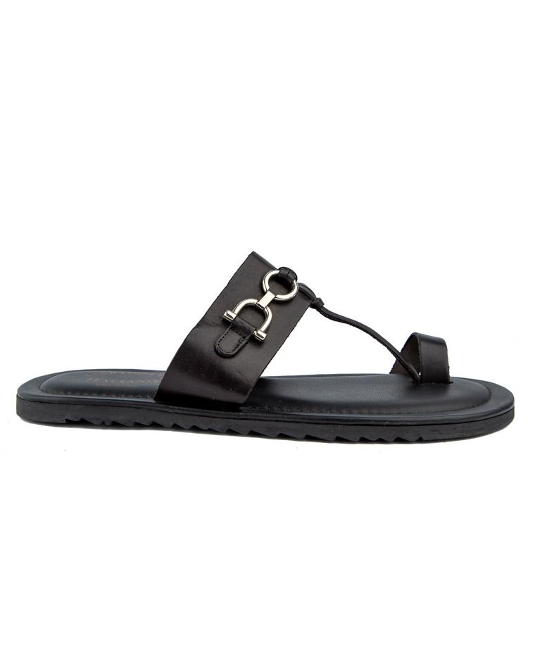 Premium black leather sandals for men with metal buckle detail, cushioned sole, and durable rubber outsole—ideal for casual and semi-formal wear.