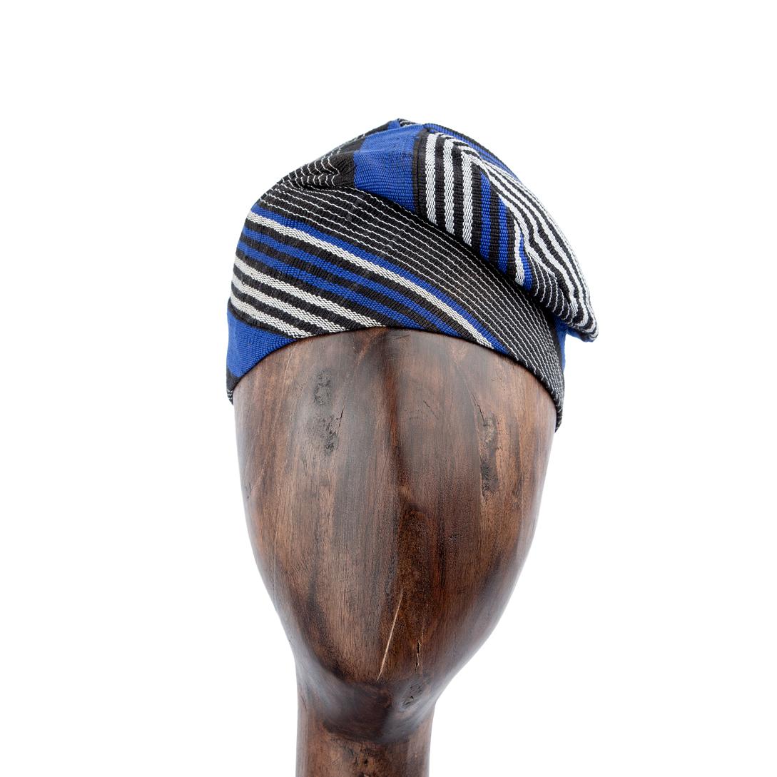 Handwoven Blue and Black Aso-Oke Cap with White Stripes - Unisex Traditional Hat