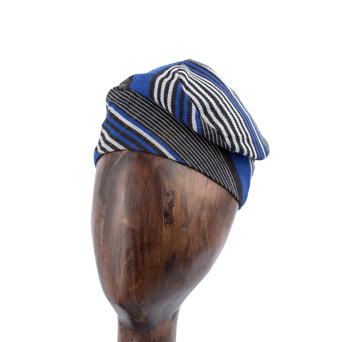 Handwoven Blue and Black Aso-Oke Cap with White Stripes - Unisex Traditional Hat