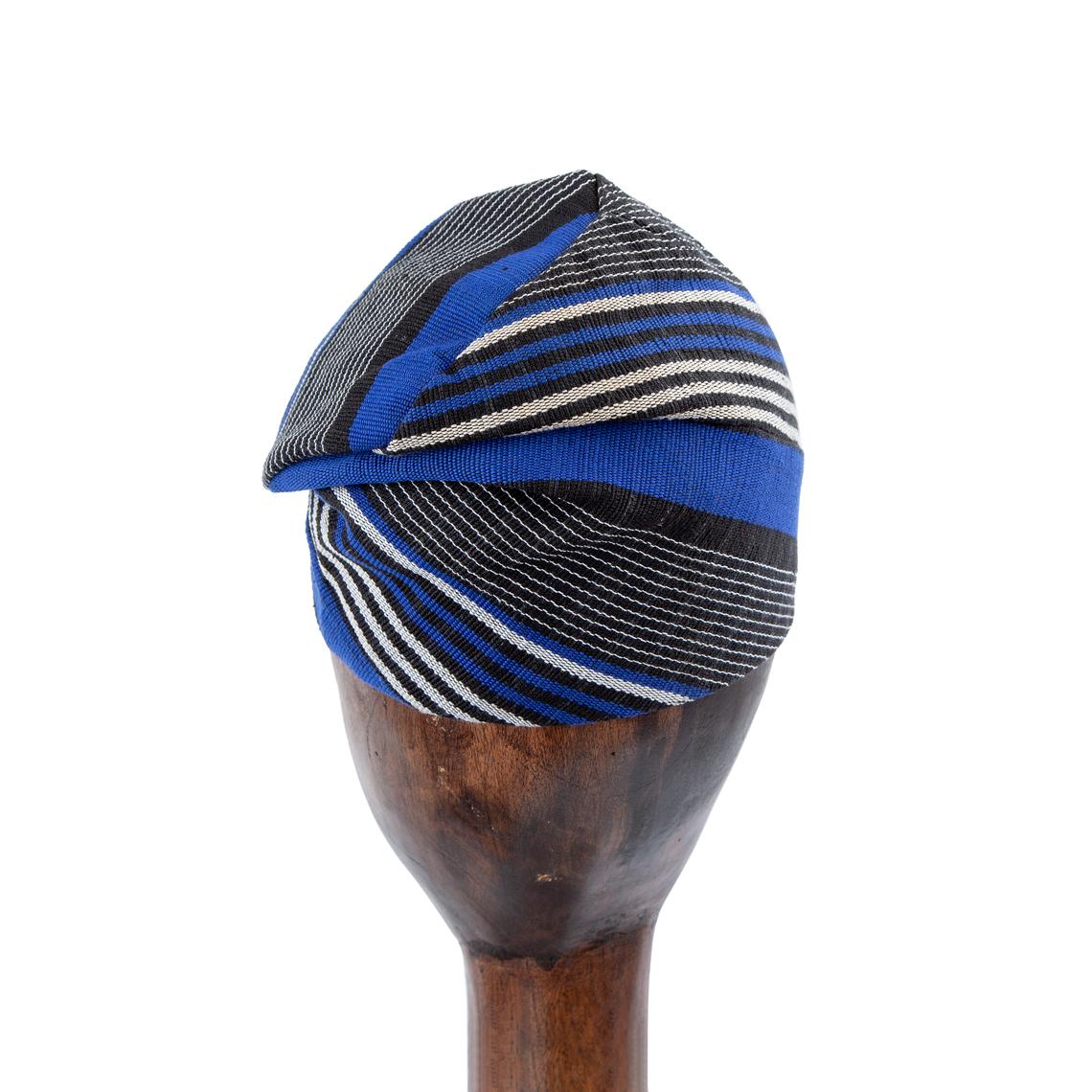 Handwoven Blue and Black Aso-Oke Cap with White Stripes - Unisex Traditional Hat