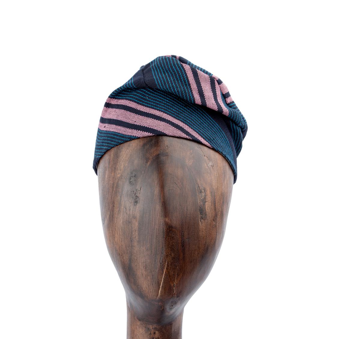 Handwoven navy-blue Aso-Oke cap with pink and teal stripes, unisex traditional headwear for African ceremonies, weddings, and stylish outings