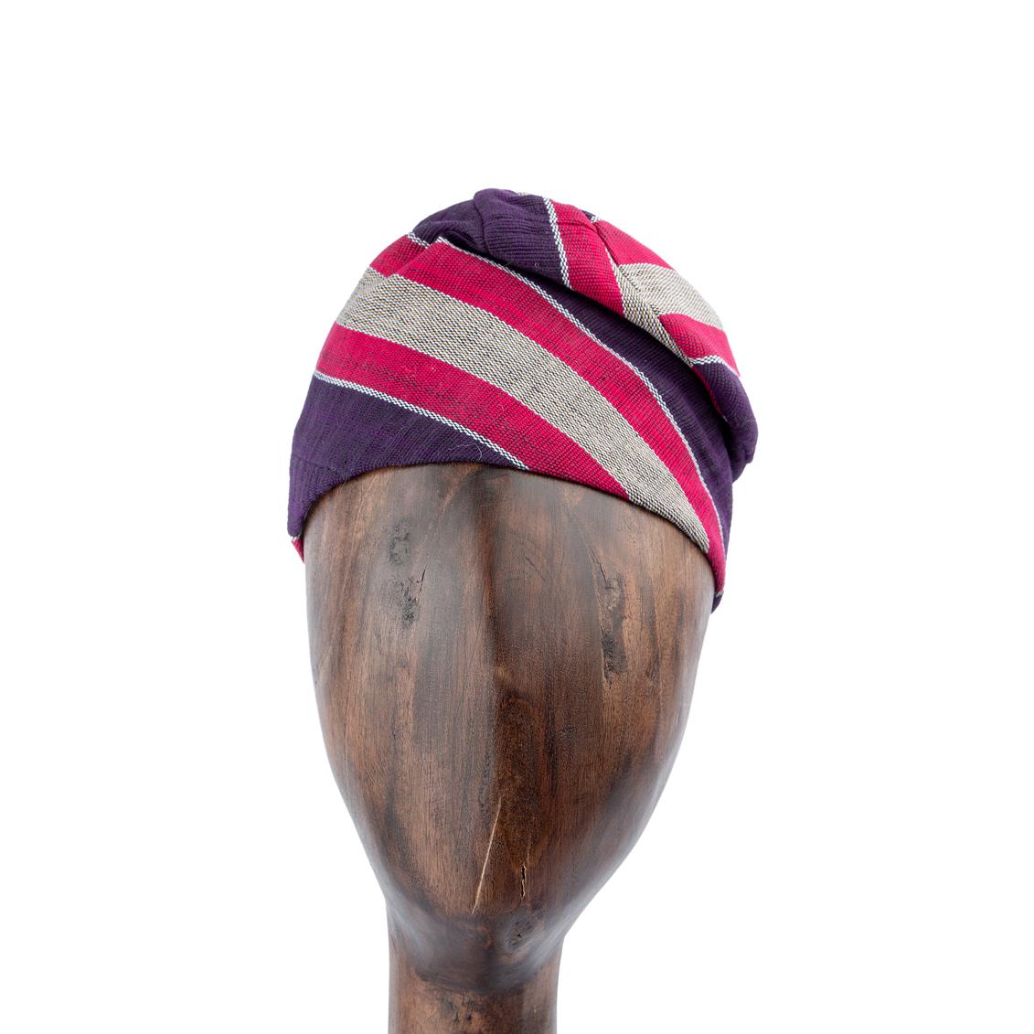 Handwoven purple and red Aso-Oke cap with silver stripes, unisex traditional headwear for weddings, cultural events, and everyday stylish wear