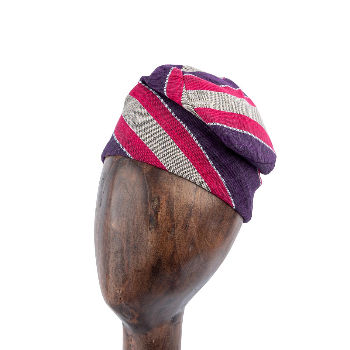 Handwoven purple and red Aso-Oke cap with silver stripes, unisex traditional headwear for weddings, cultural events, and everyday stylish wear.