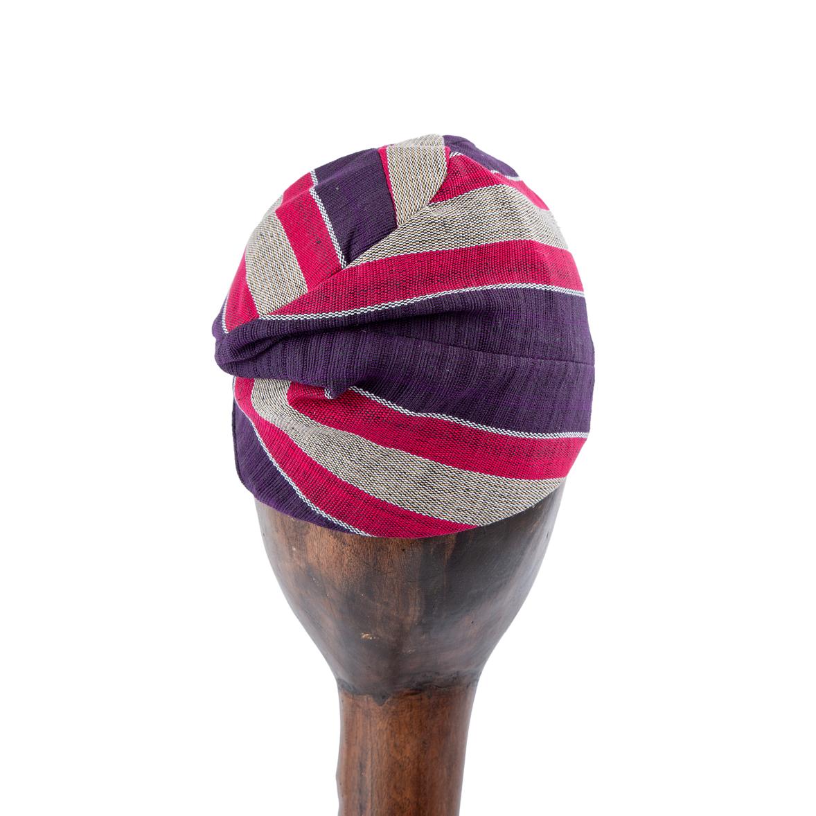 Handwoven purple and red Aso-Oke cap with silver stripes, unisex traditional headwear for weddings, cultural events, and everyday stylish wear.