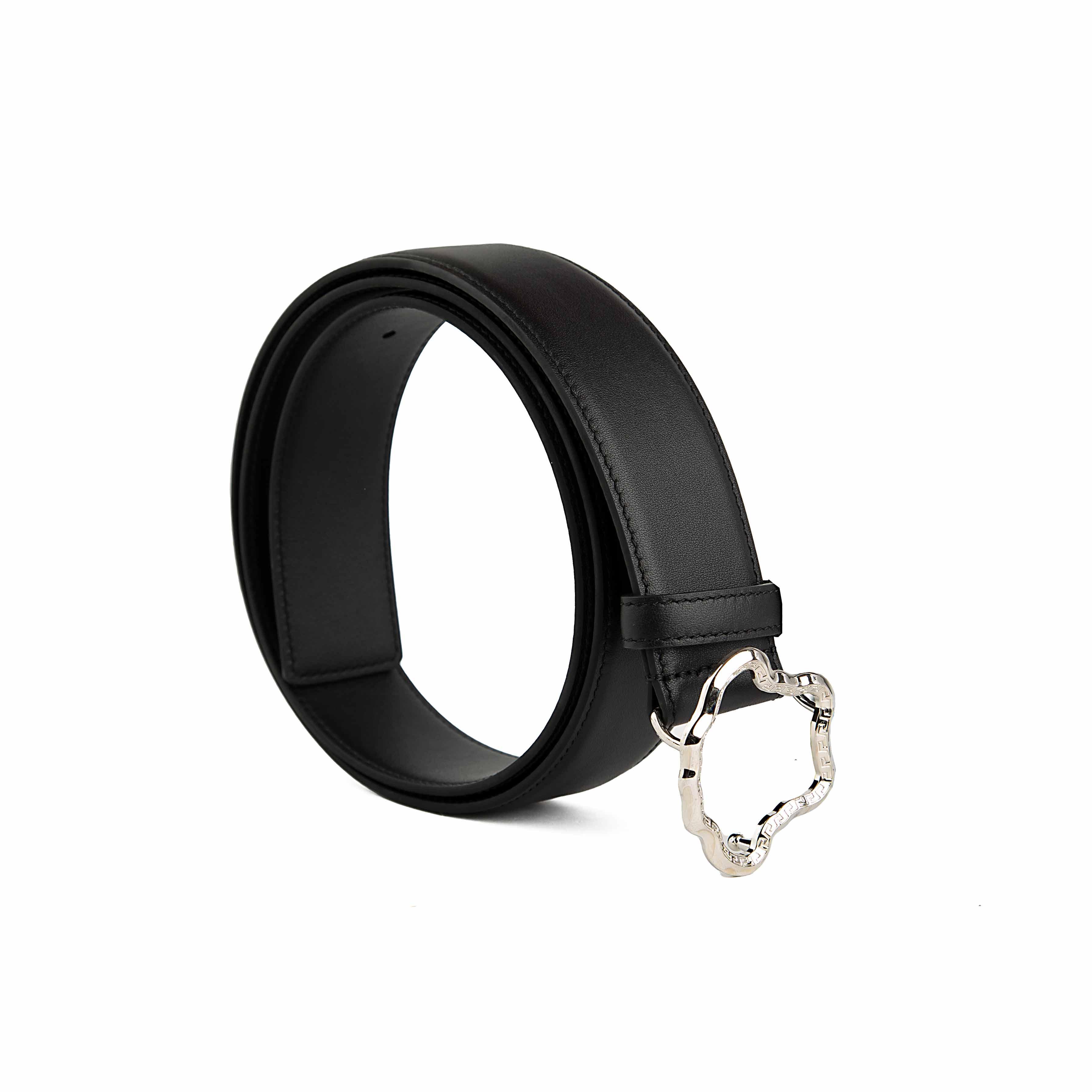 This accessory is a premium Black Leather Belt that makes a bold, luxurious statement.