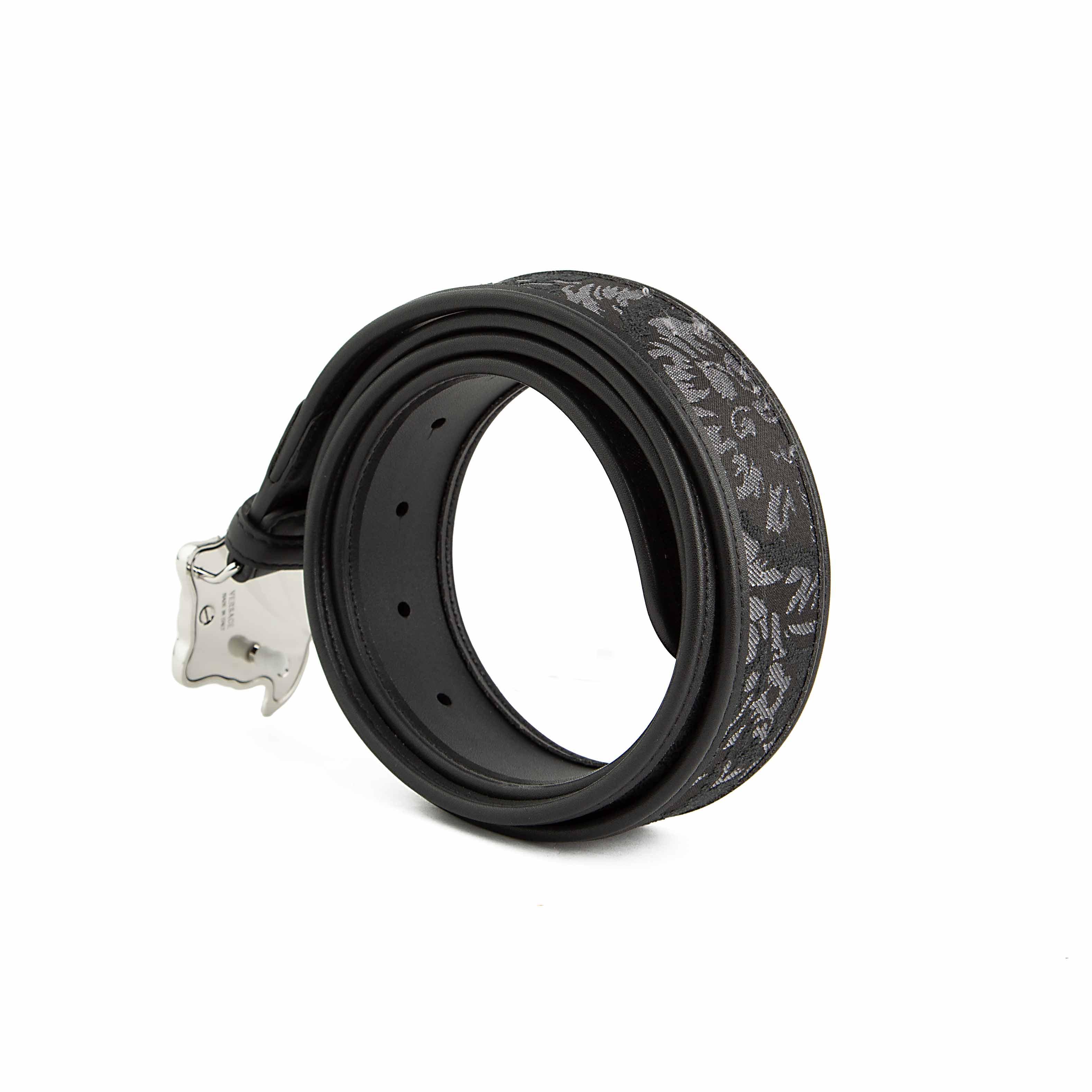 This is a bold, high-fashion Black Leather Belt featuring a vibrant, contemporary interpretation of the classical Greca (Greek Key) motif.