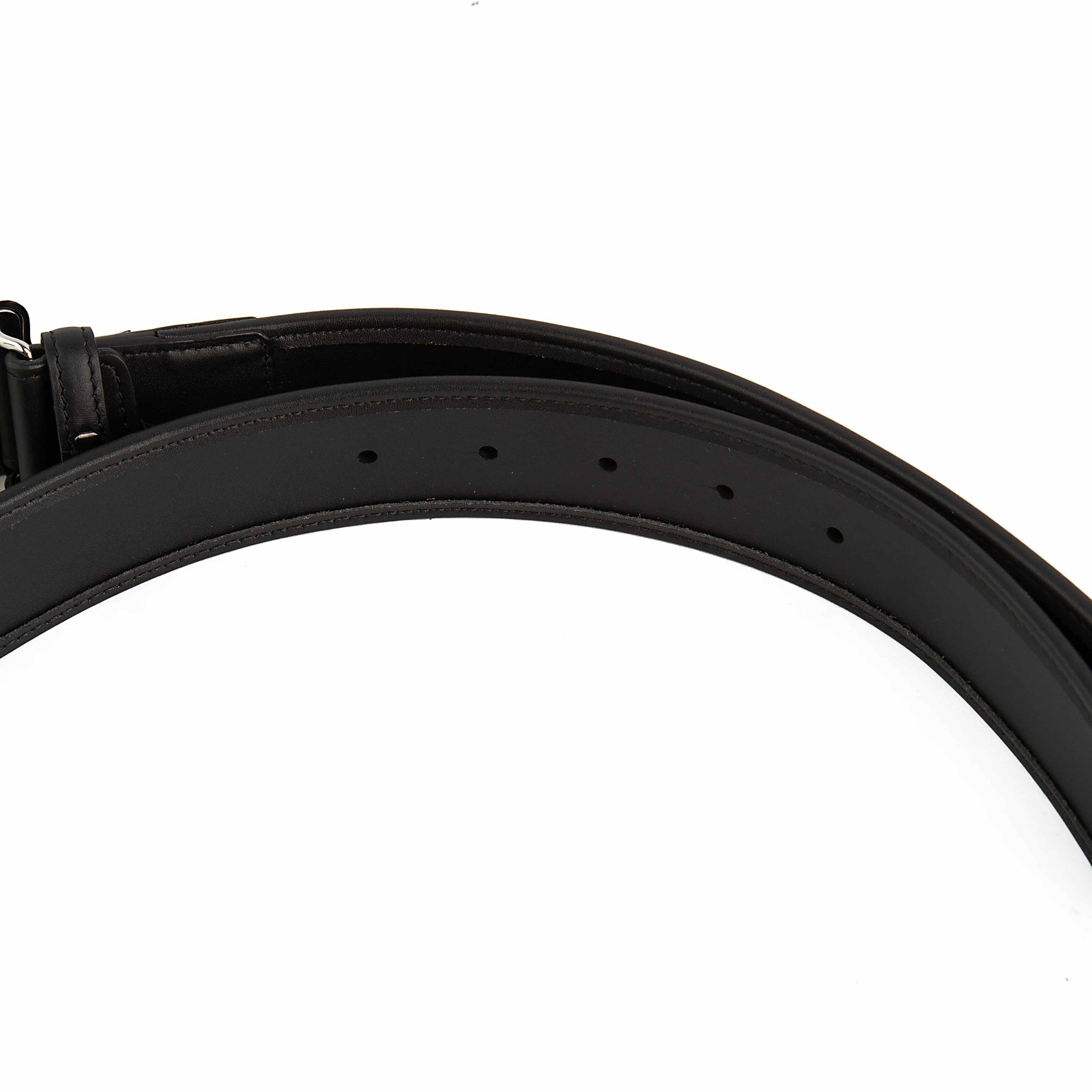 This is a bold, high-fashion Black Leather Belt featuring a vibrant, contemporary interpretation of the classical Greca (Greek Key) motif.