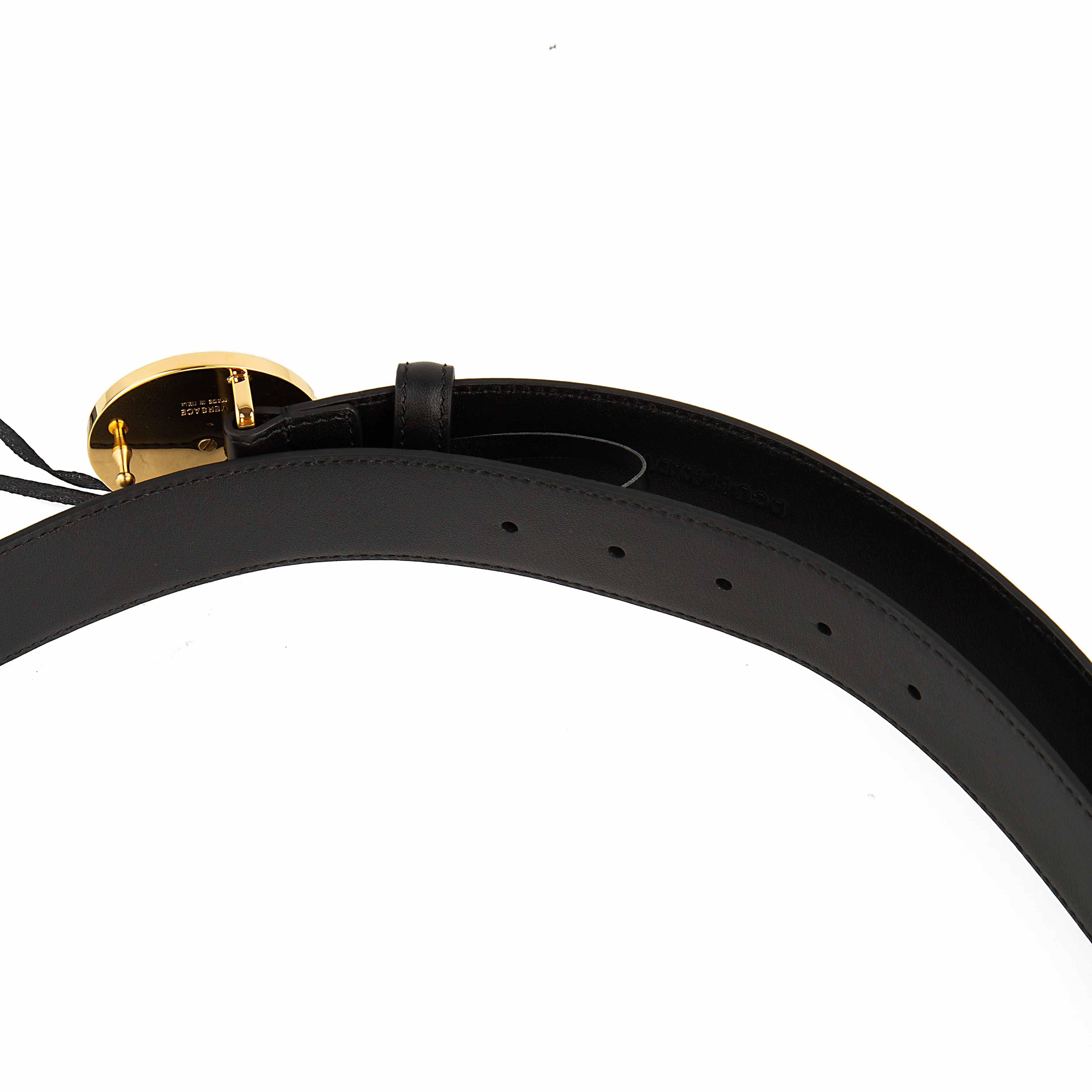 This is a luxurious and instantly recognizable Black Leather Belt defined by its iconic hardware.