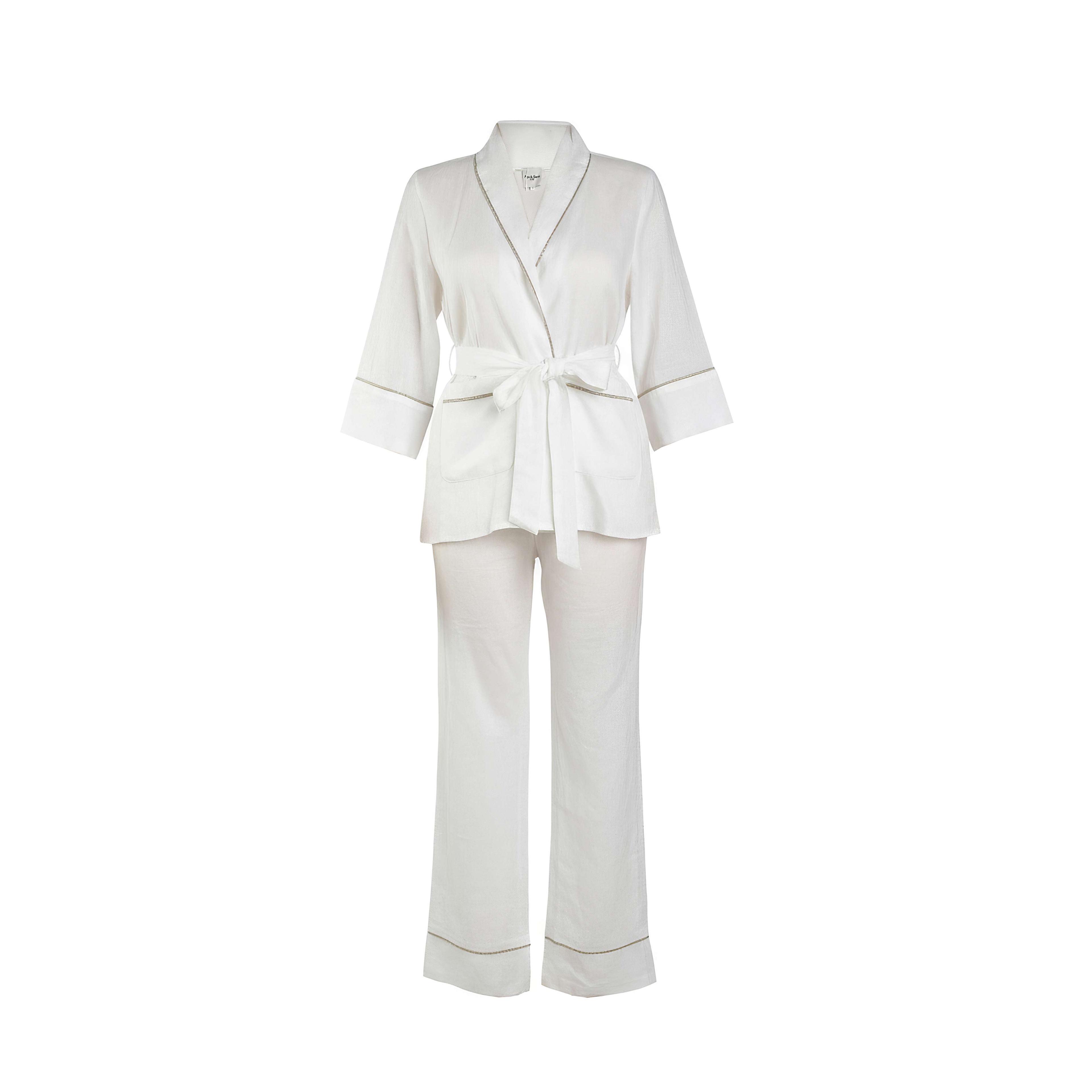 White Linen Wrap Jacket & Trouser Set | Agu & Sons Ltd