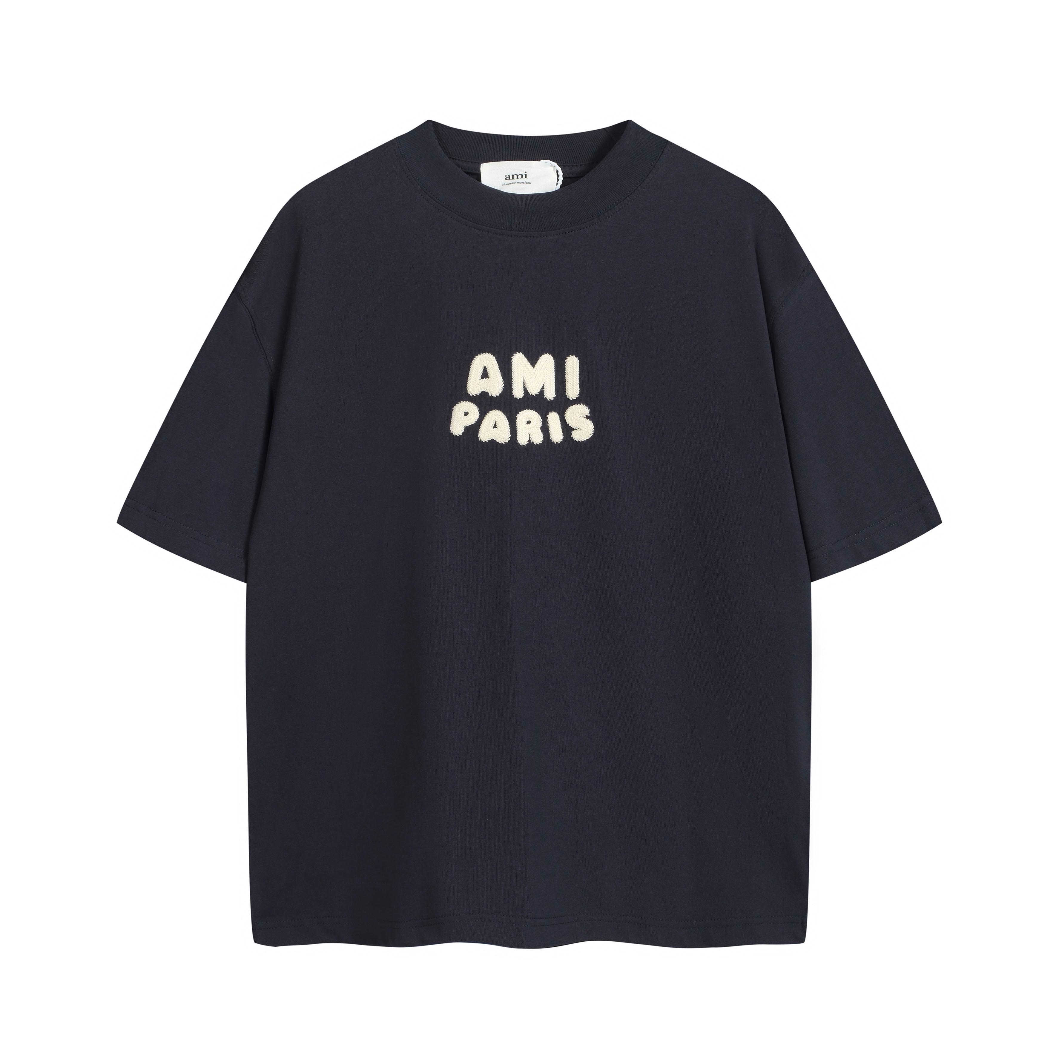 AMI Paris Navy Terry Logo T-Shirt - Unisex Boxy Fit Cotton