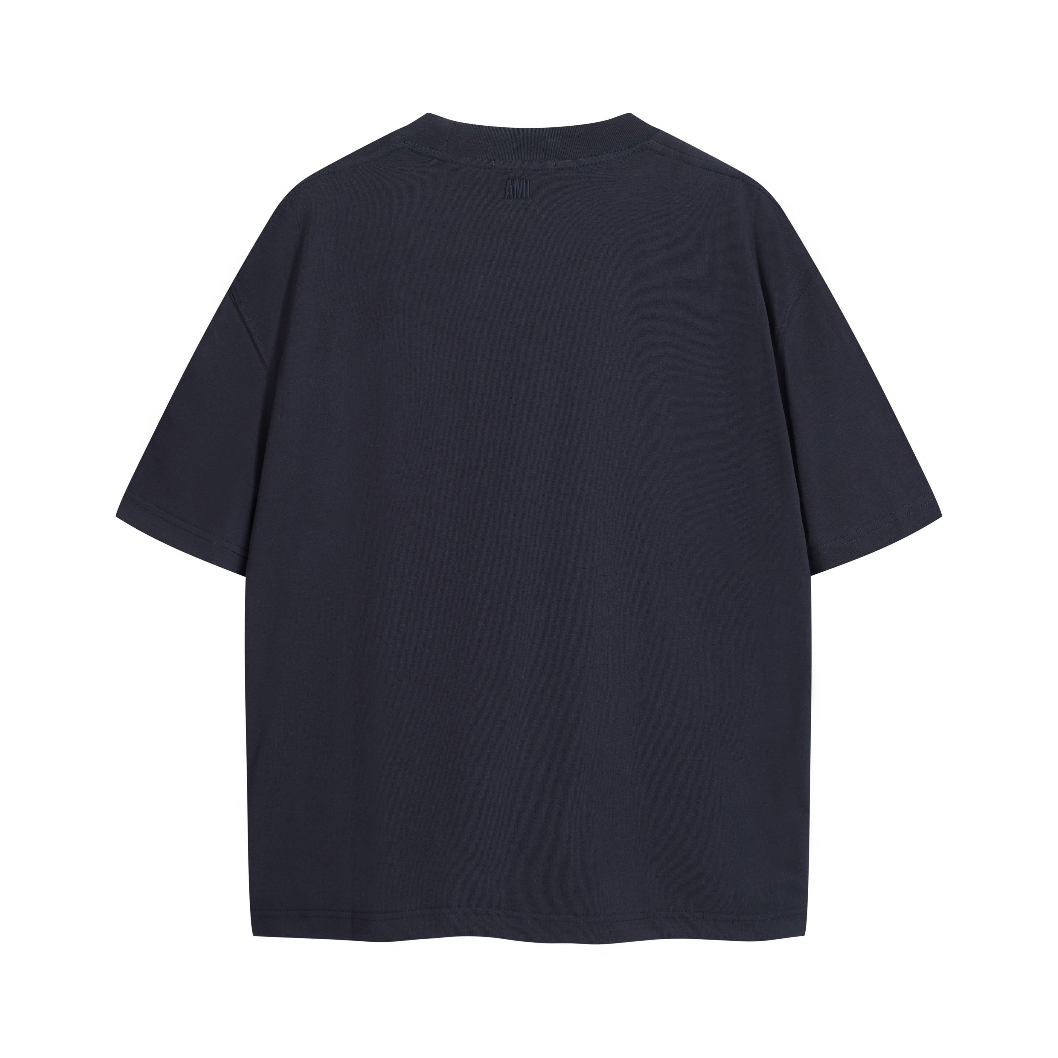 AMI Paris Navy Terry Logo T-Shirt - Unisex Boxy Fit Cotton