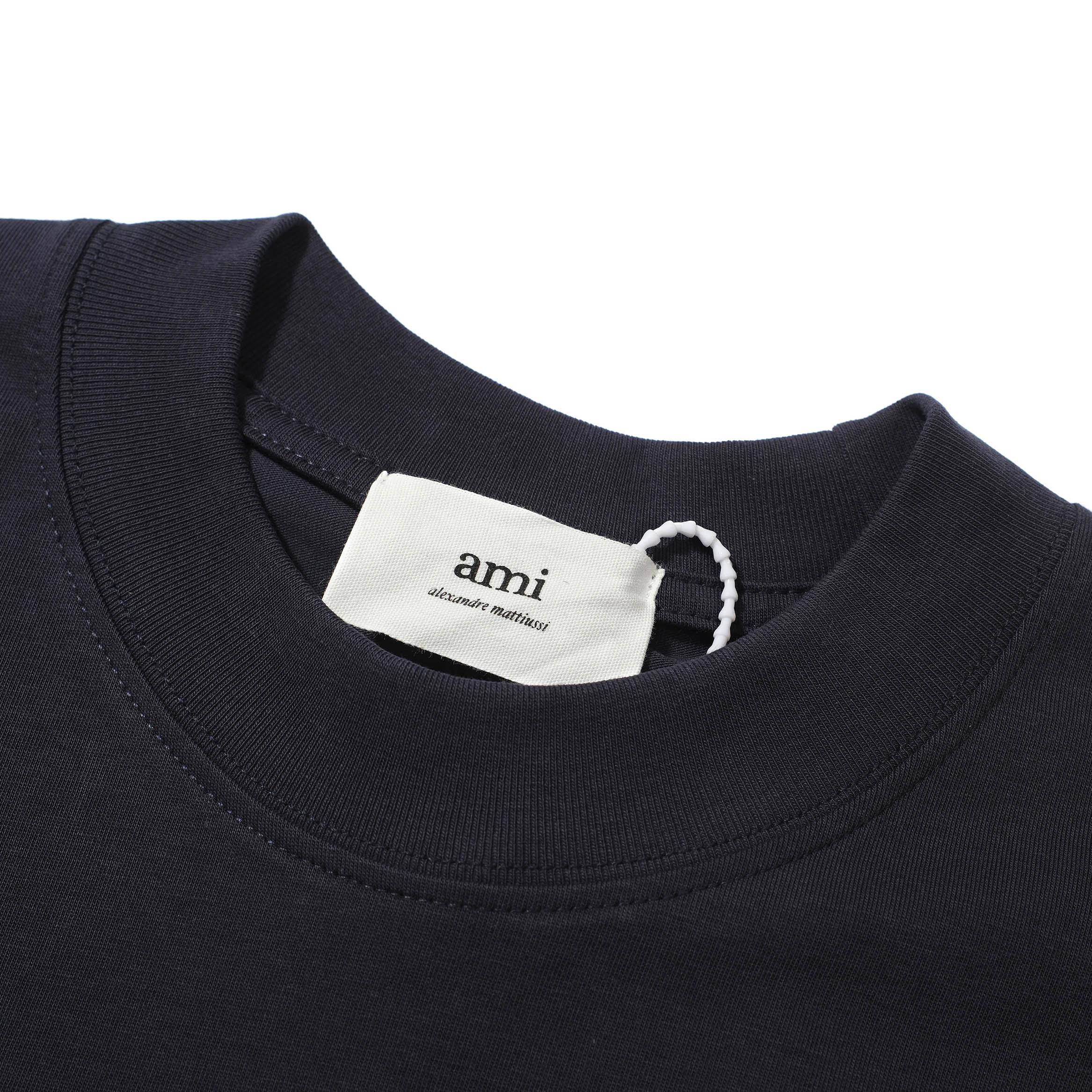 AMI Paris Navy Terry Logo T-Shirt - Unisex Boxy Fit Cotton