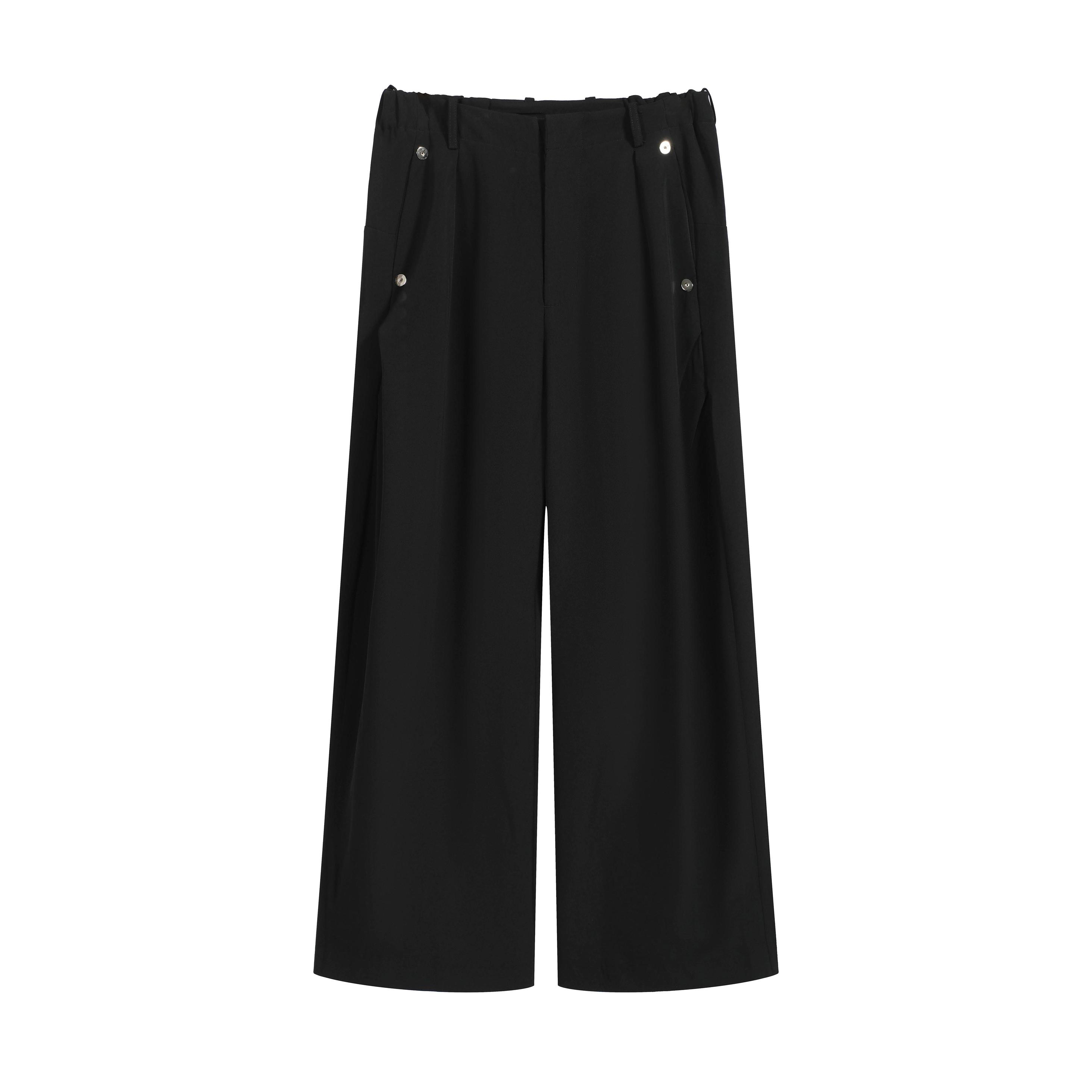 Black Wide-Leg Cropped Trousers - Elastic Waist Snap Detail