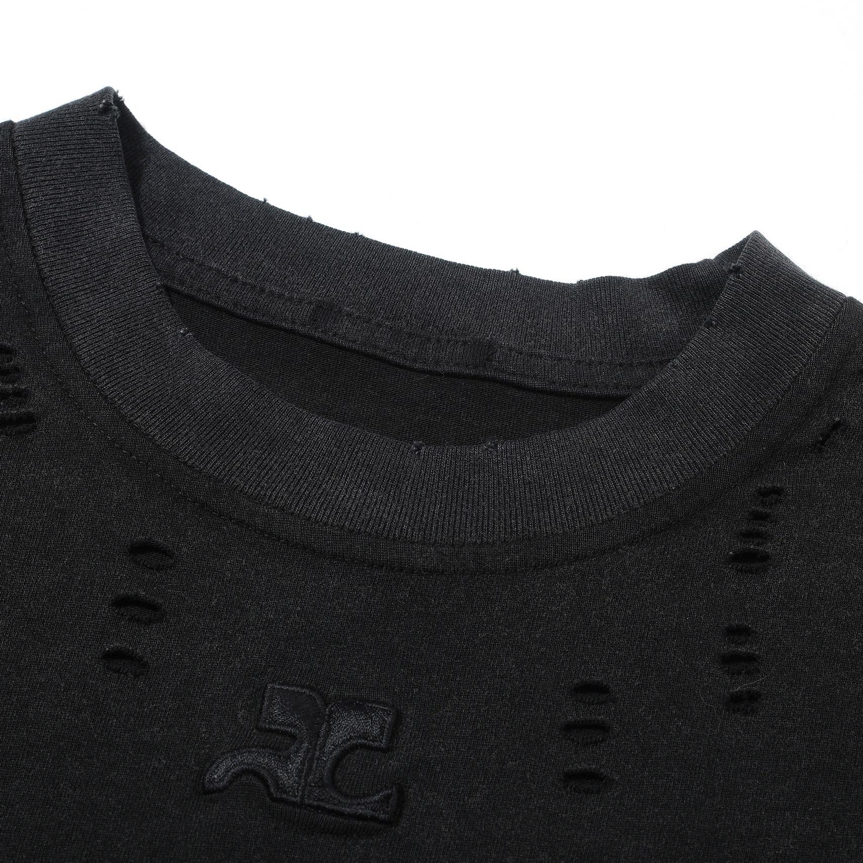 Courrèges Unisex Distressed T-Shirt - Embossed Logo Black