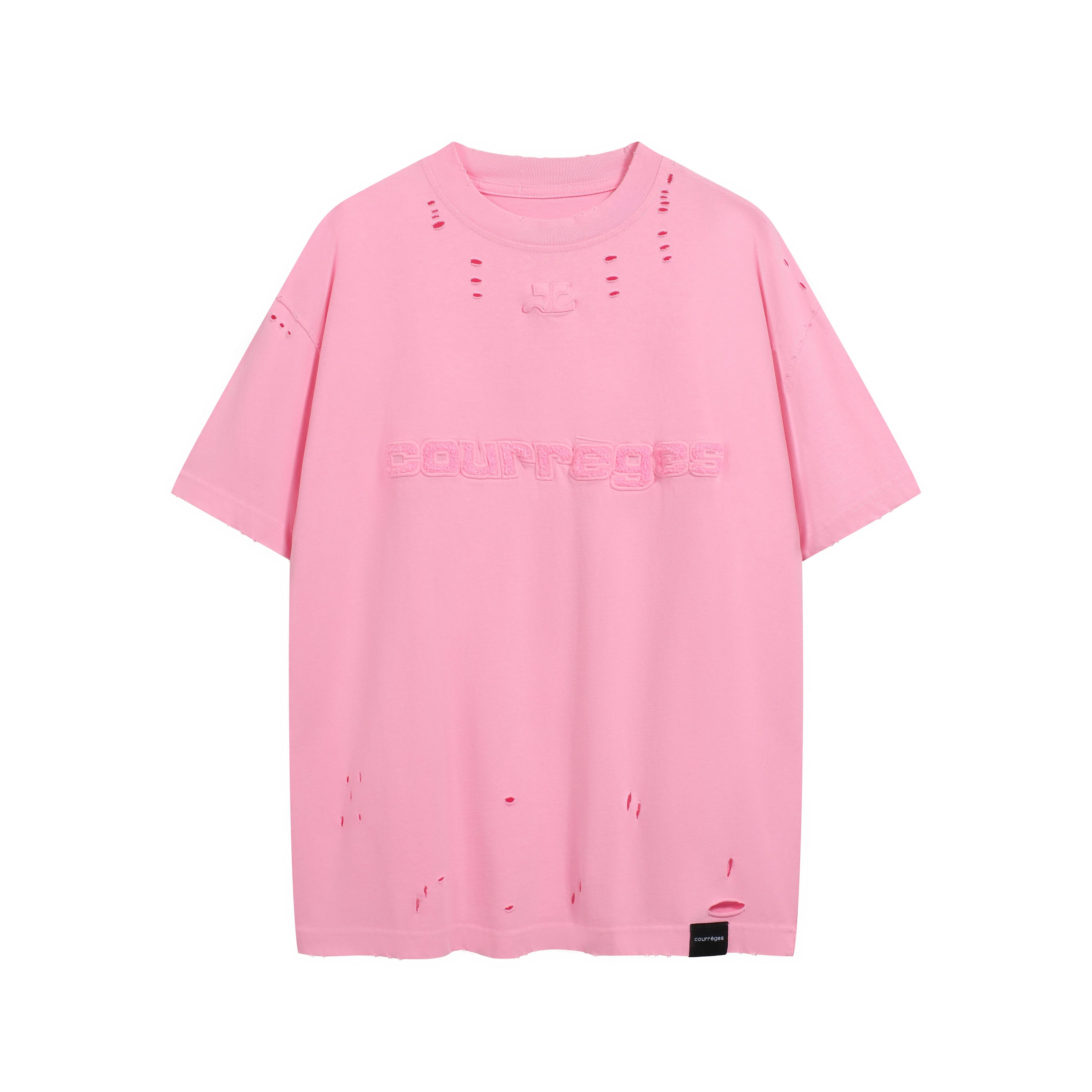 Courrèges Unisex Hot Pink Distressed T-Shirt - Embossed Logo