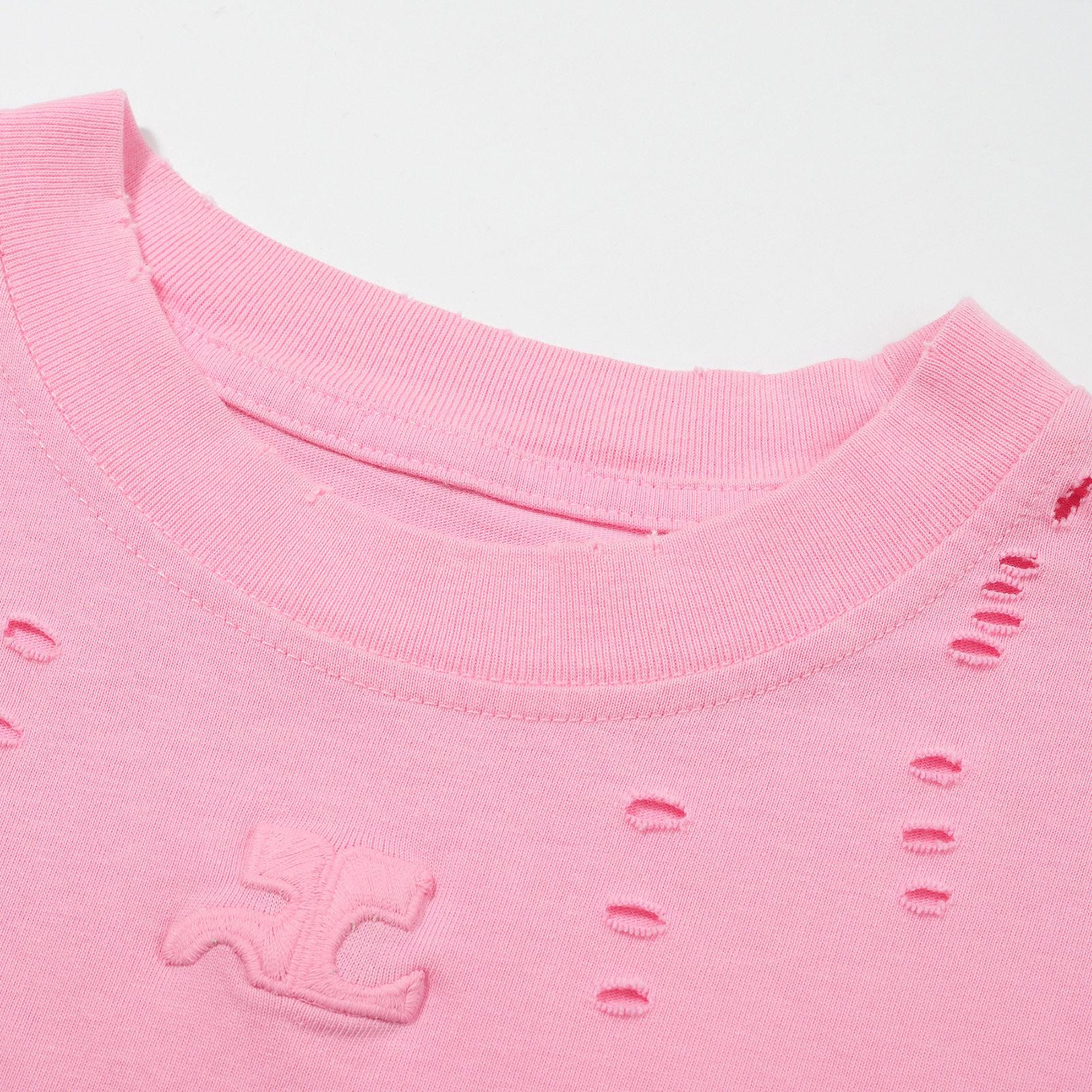 Courrèges Unisex Hot Pink Distressed T-Shirt - Embossed Logo