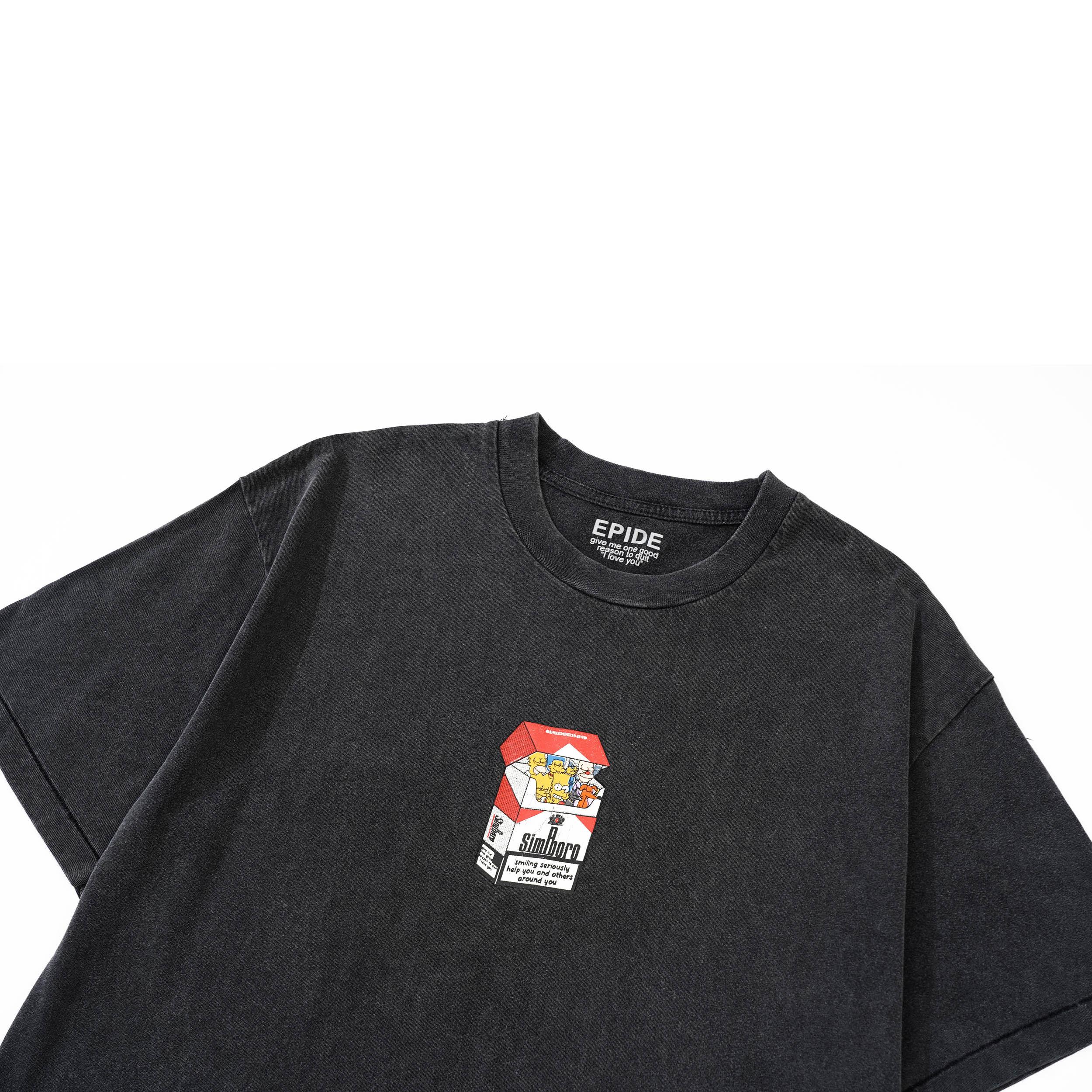 EPIDE Washed Black Vintage Cigarette Box Print T-Shirt