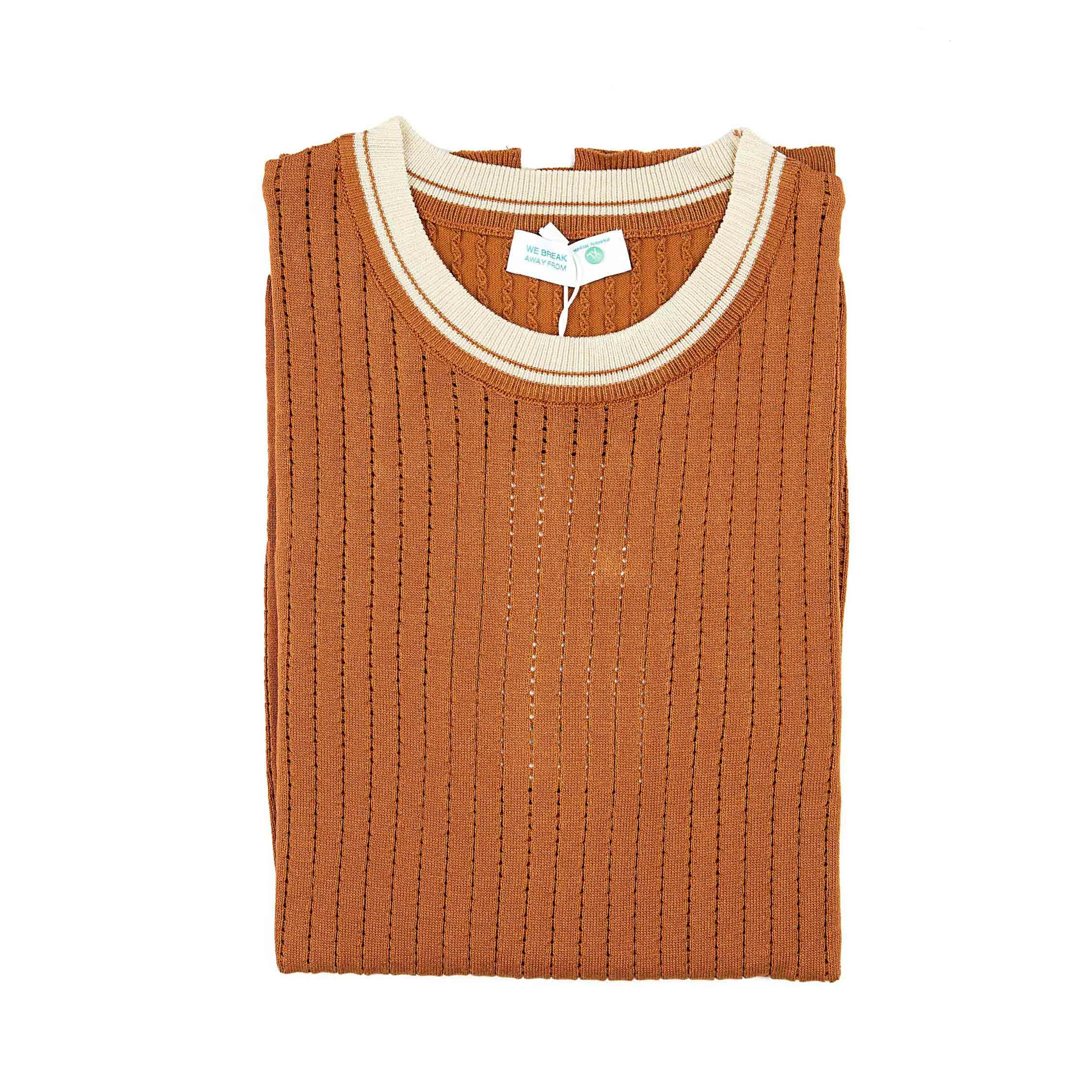Men's Rust Ribbed Knit T shirt | Stripe Trim