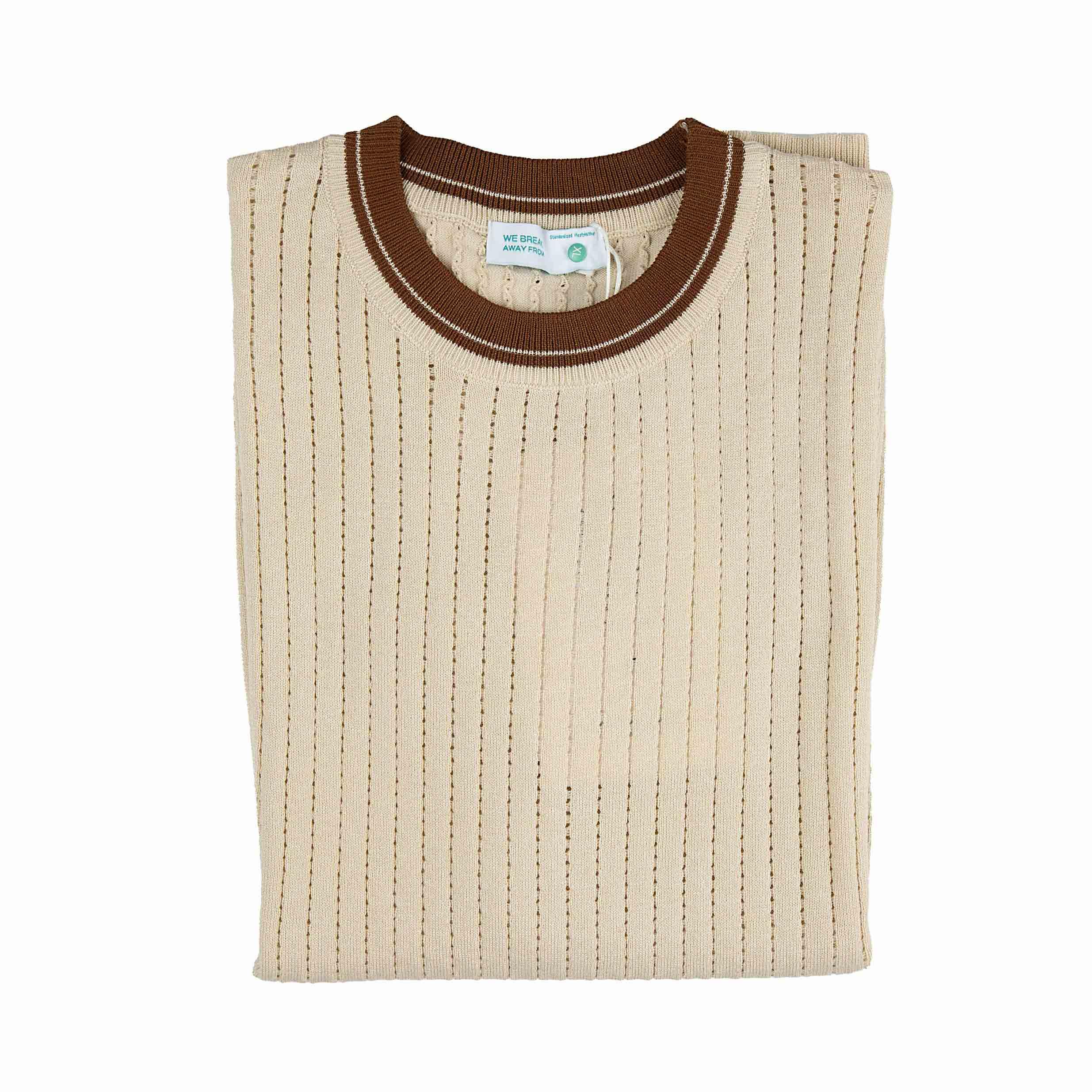 Men's Ribbed Knit T-Shirt | Cream & Brown Contrast Trim