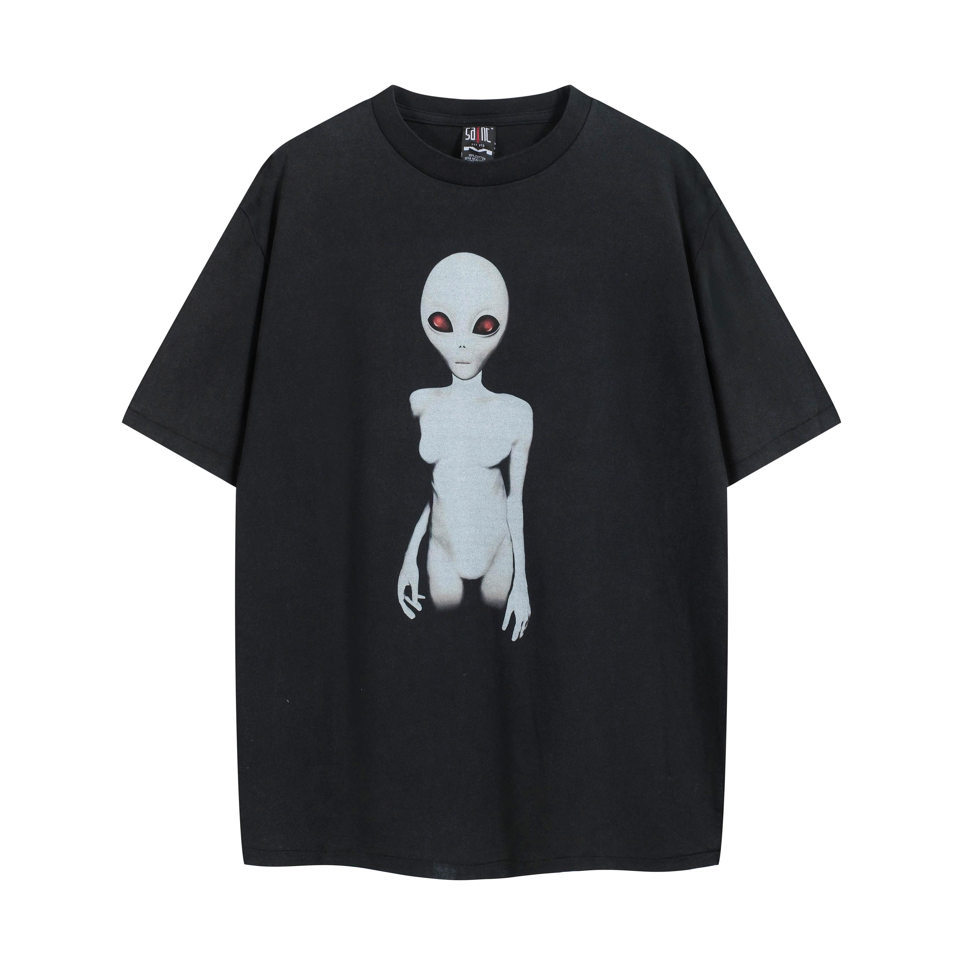 SAINT Mxxxxxx Black Alien Graphic Vintage Distressed T-Shirt