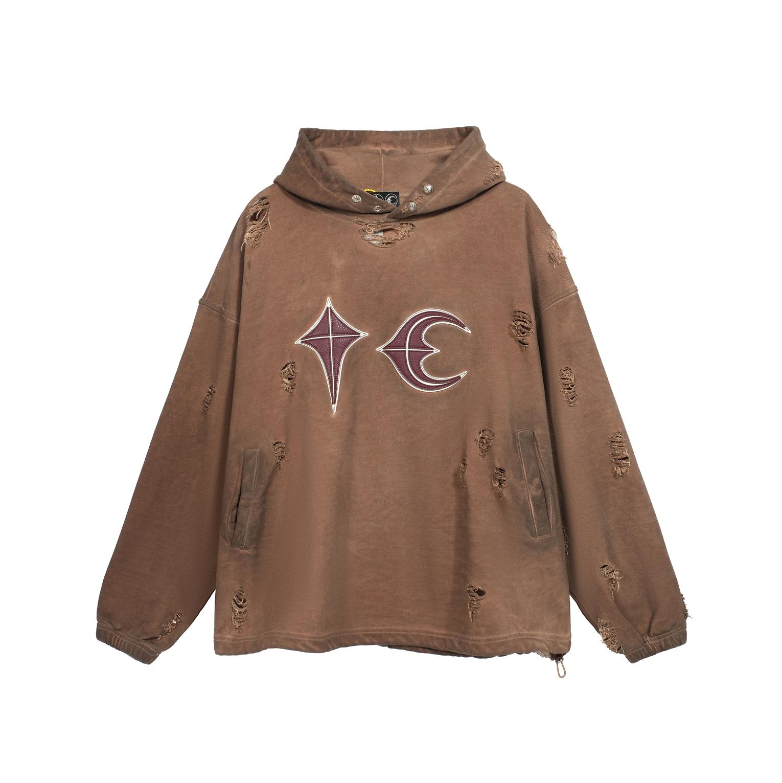 THUG CLUB Oversized Distressed Pigment-Dyed Brown Hoodie