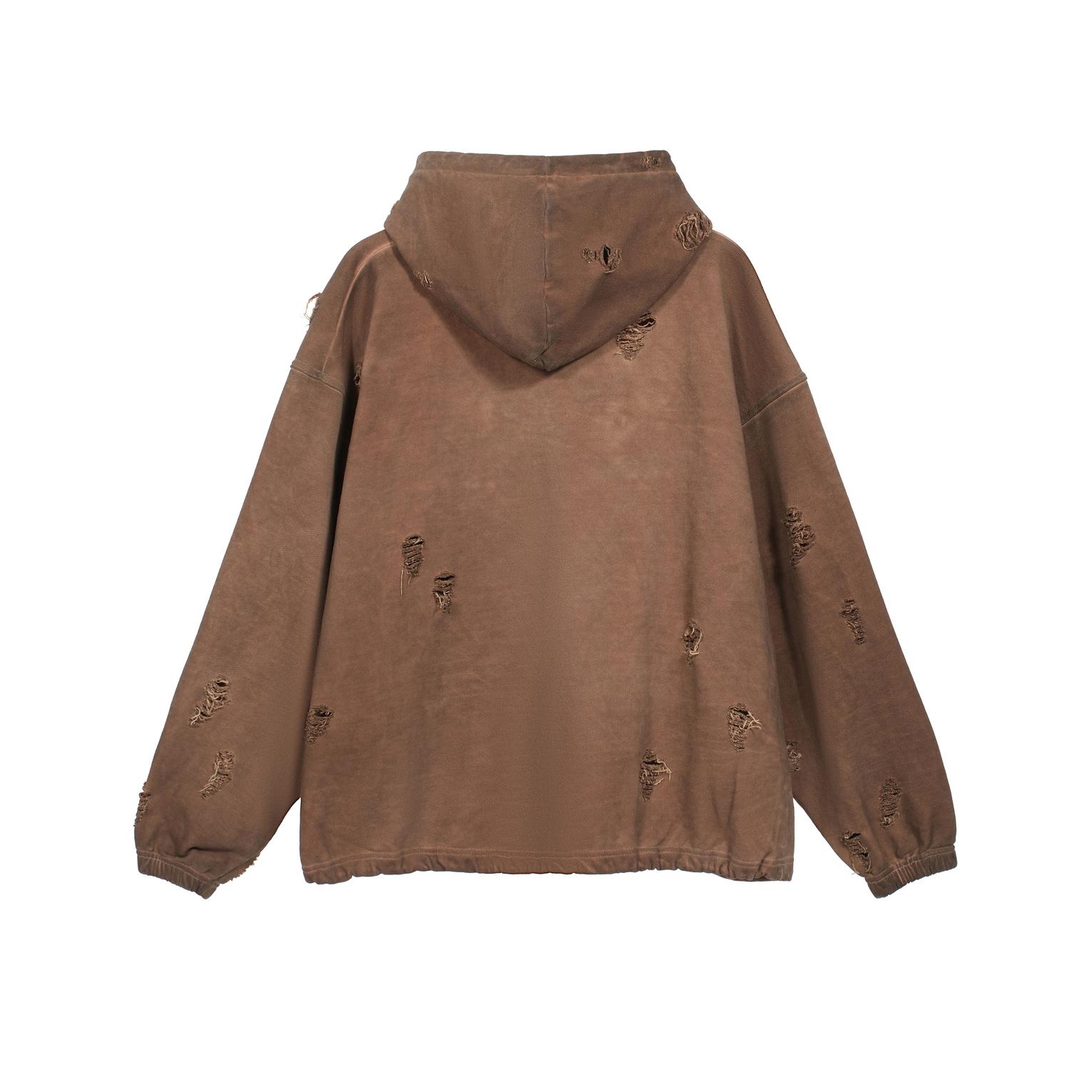 THUG CLUB Oversized Distressed Pigment-Dyed Brown Hoodie