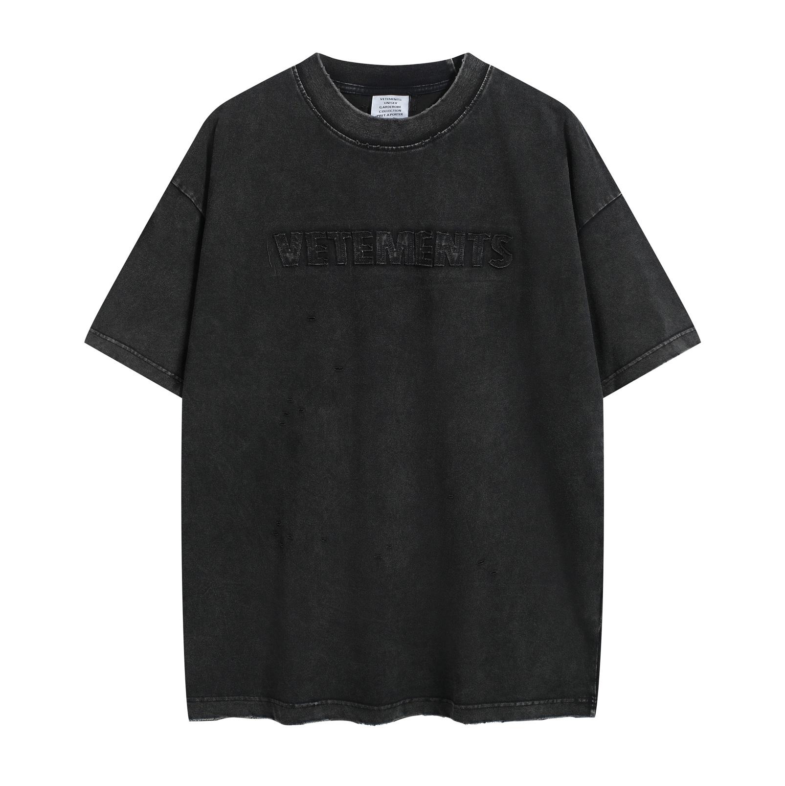 Vetements Black Oversized Embroidered Logo Distressed T-Shirt