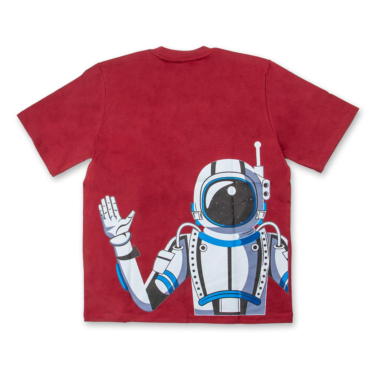Maroon t-shirt with large astronaut waving graphic. Space exploration tee.