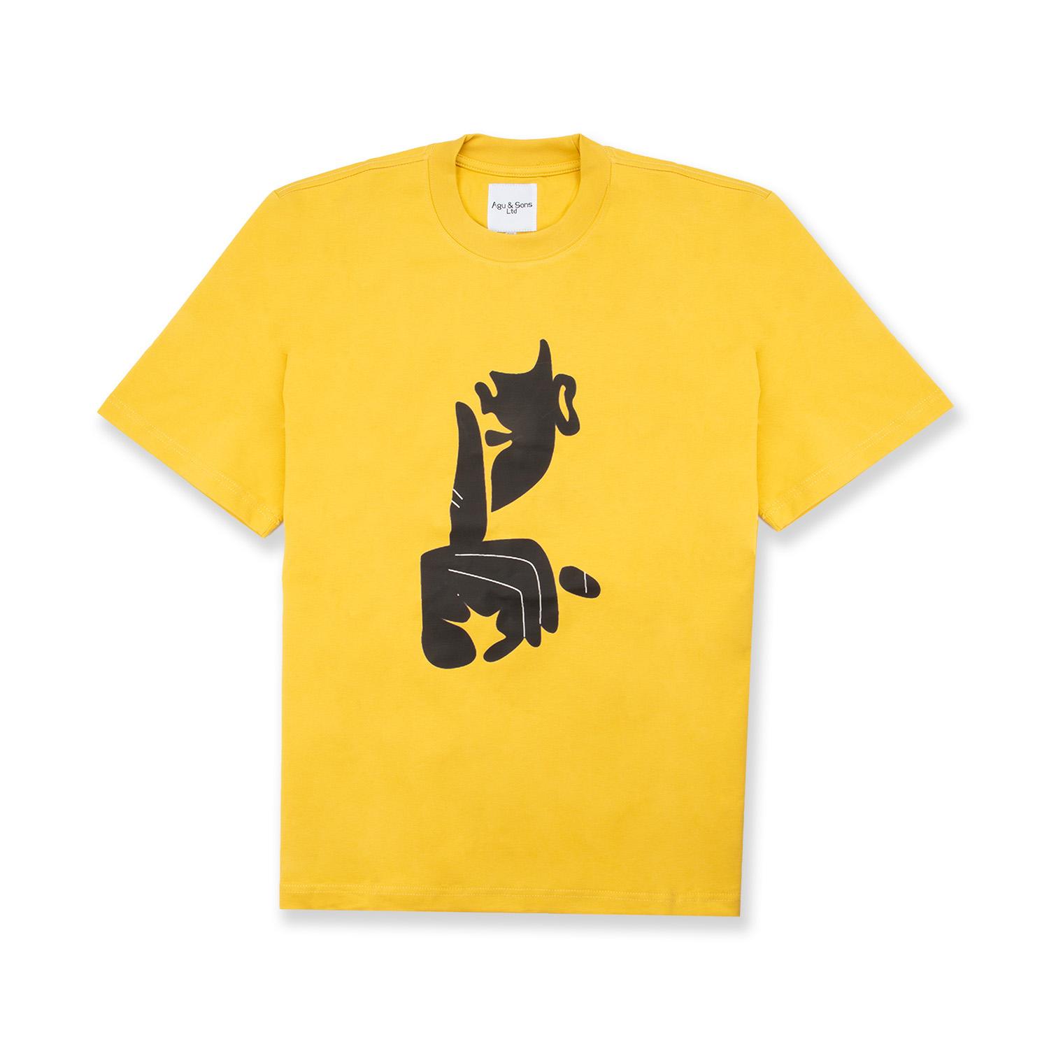 Yellow t-shirt with black shushing hand graphic. Silence gesture tee.