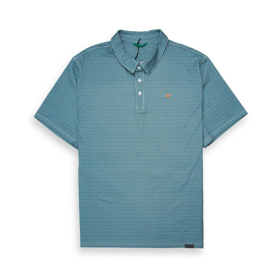 This is a short-sleeleeve polo shirt featuring a classic collar and a two-button placket.