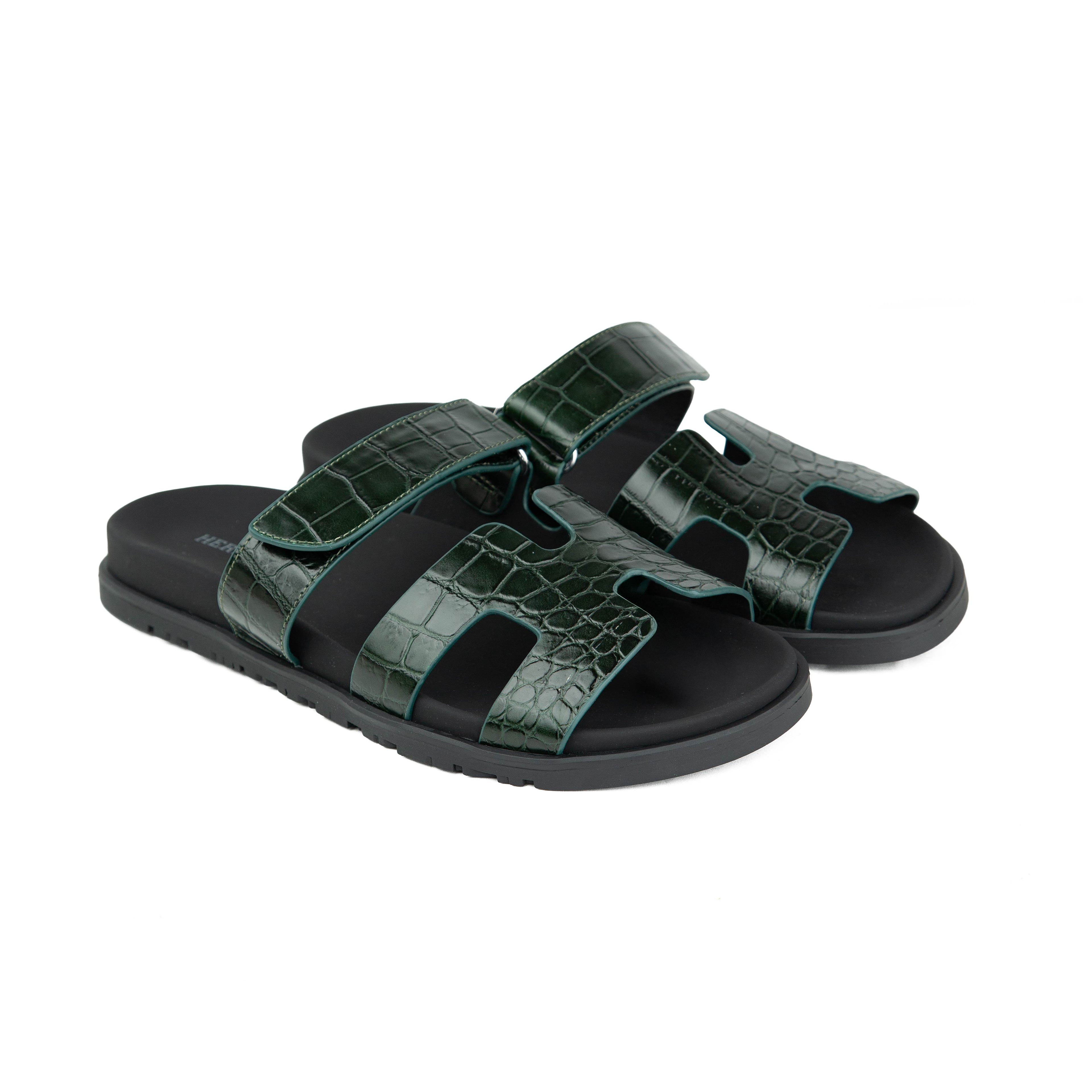 Hermès Chypre Sandals in Forest Green Crocodile Leather