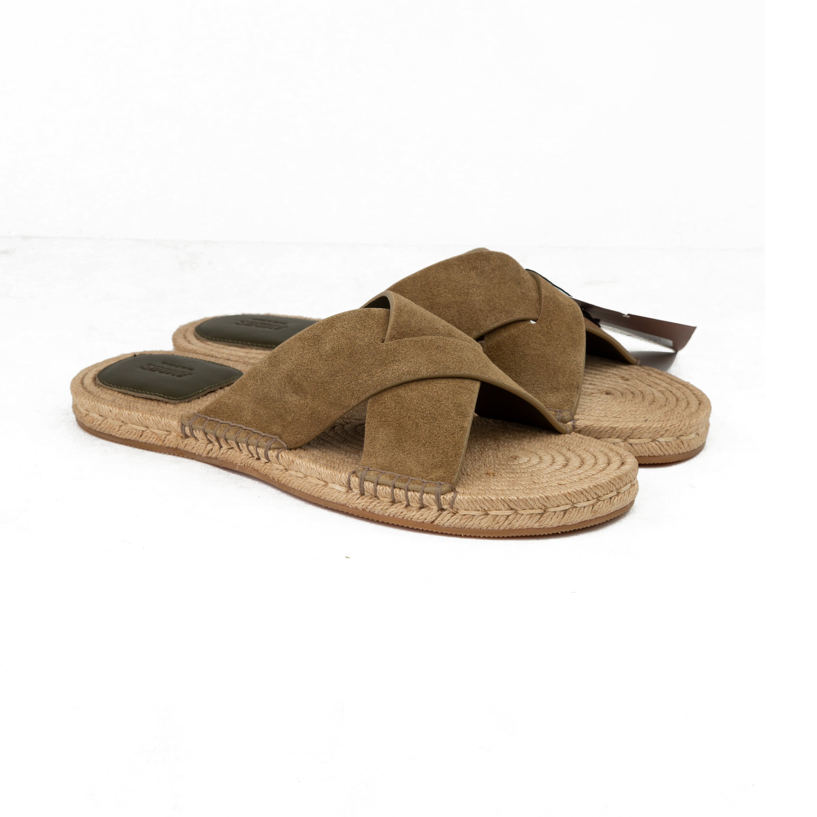 hop ZEGNA luxury suede espadrilles. Features premium olive green cross-straps, hand-stitched jute soles, and Italian design. Perfect for summer style.