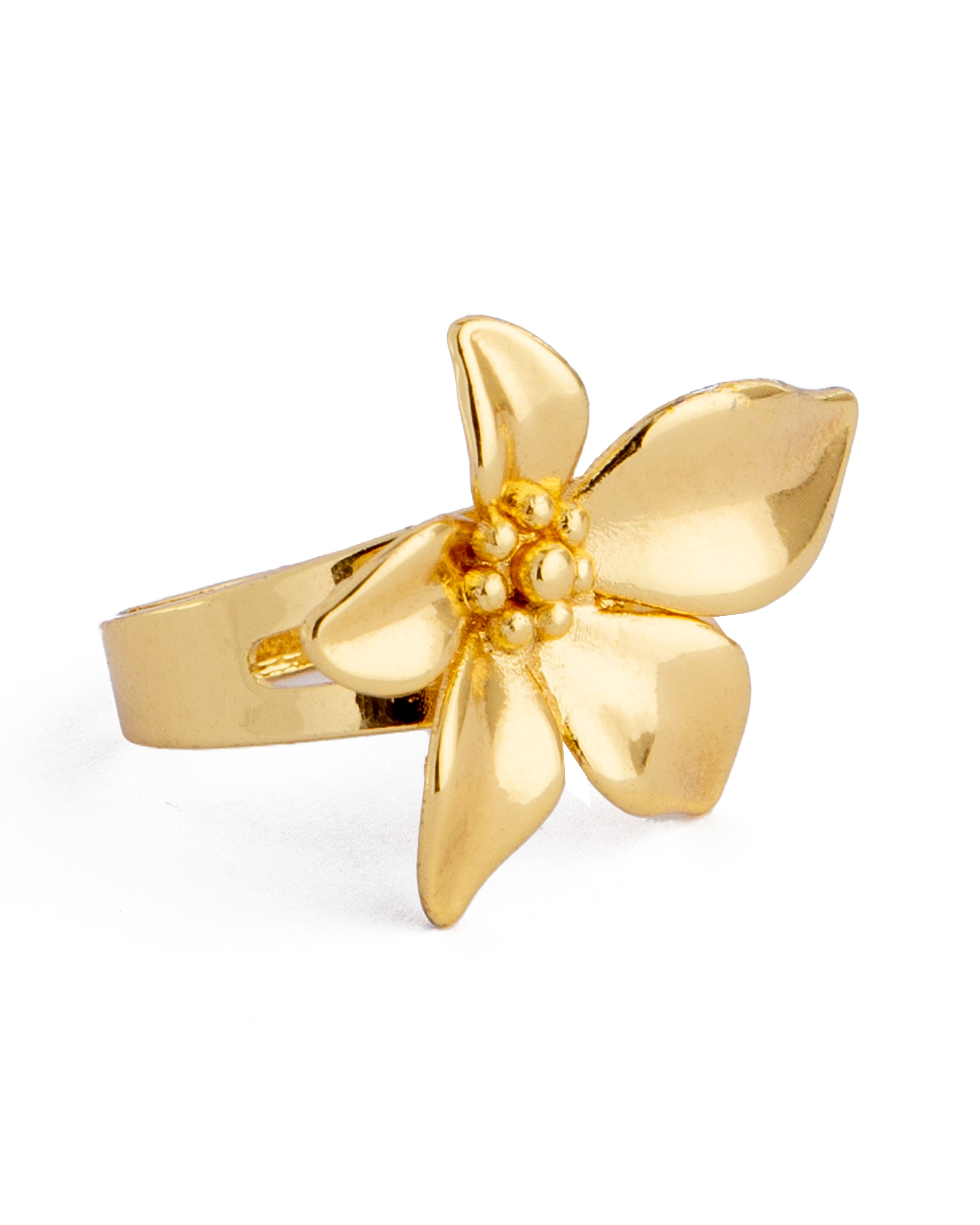 Adjustable gold-tone flower ring with five-petal floral design for women and men