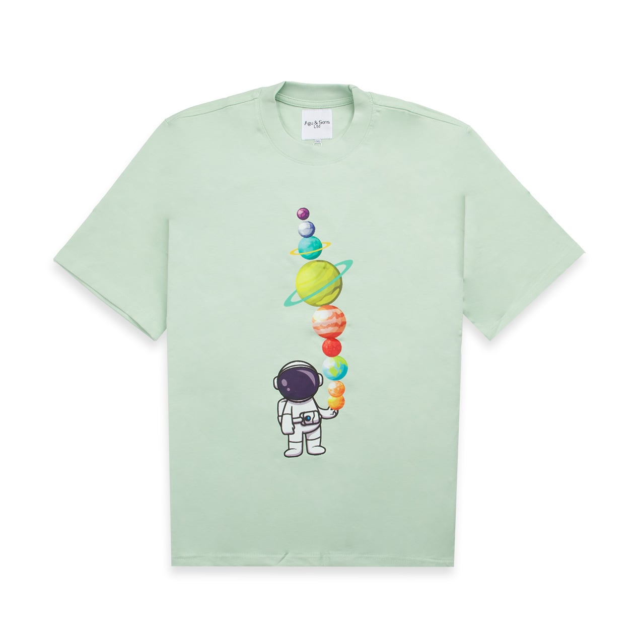 Mint green astronaut holding planet balloons t-shirt. Space cartoon tee.