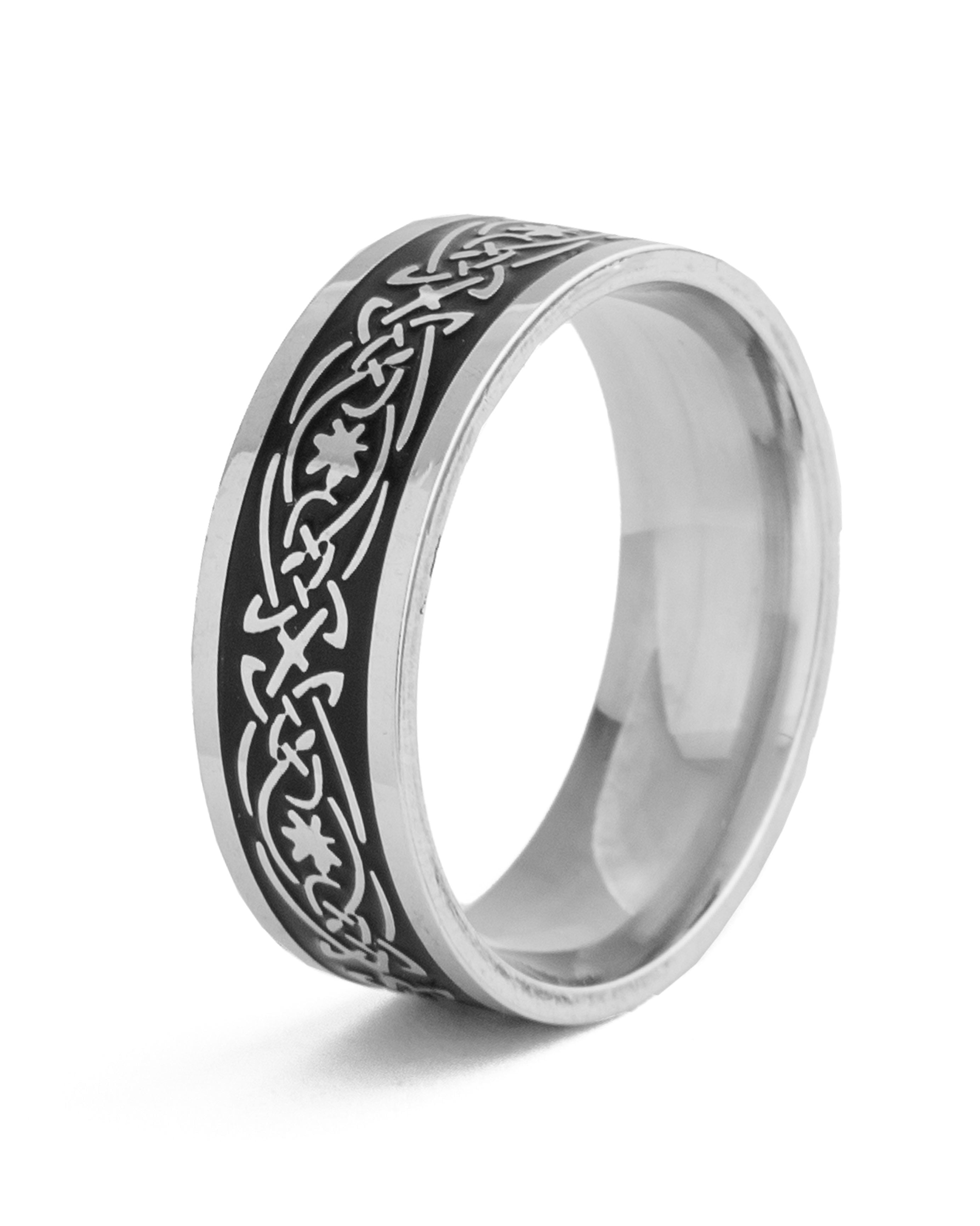 Celtic Engraved Stainless Steel Band Ring – Silver & Black Unisex Ring