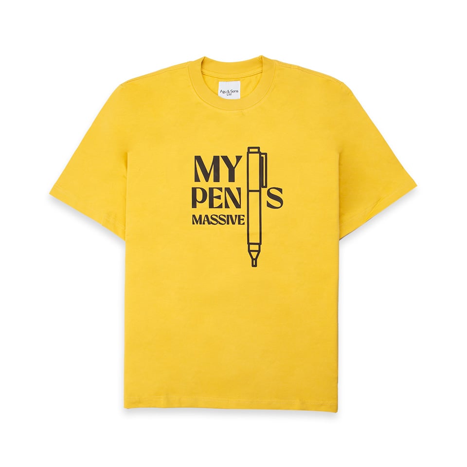 Yellow t-shirt with "My Pen Is Massive" graphic. Funny text tee.