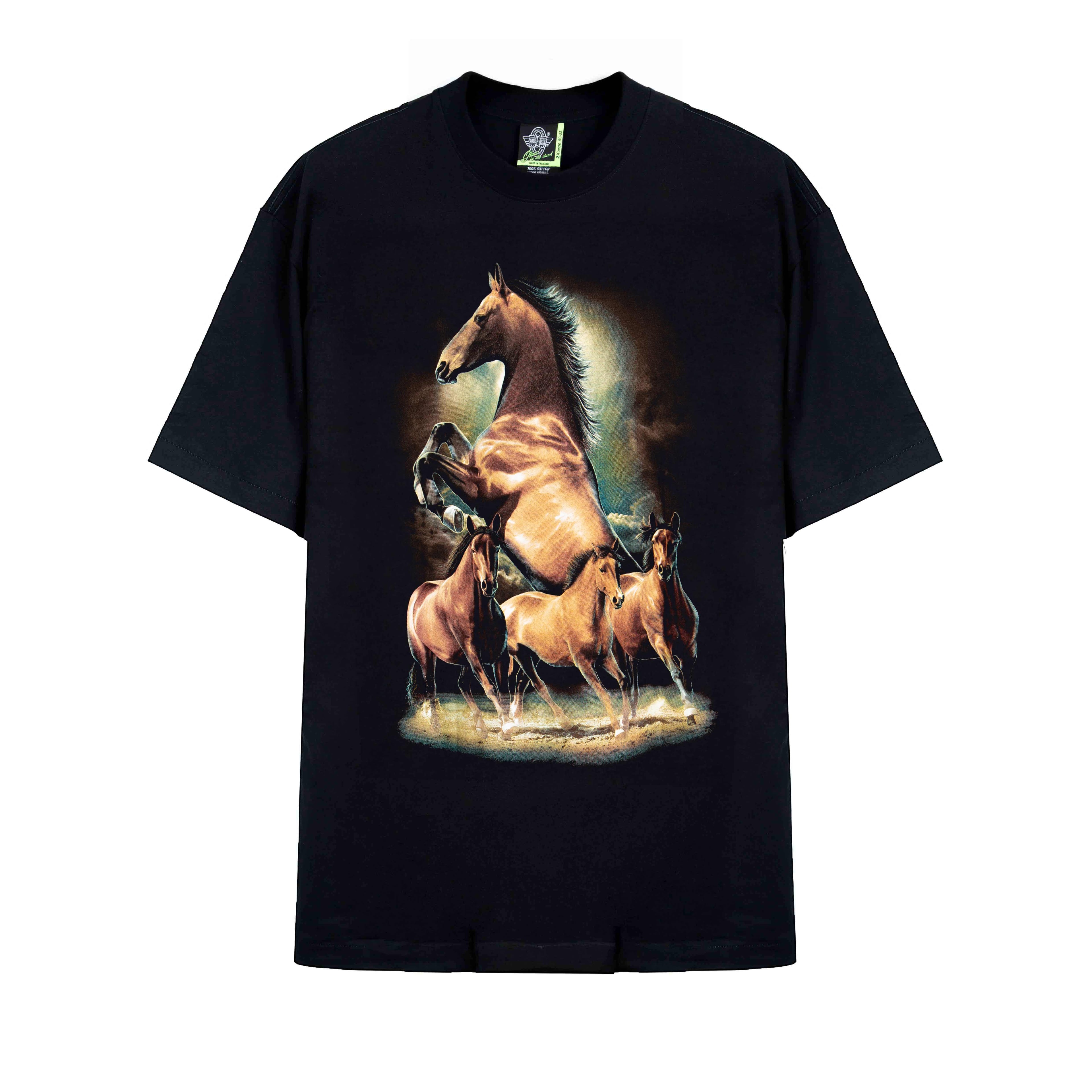 "Rock Eagle black unisex T-shirt with detailed running and rearing horse graphic – nature-themed streetwear"