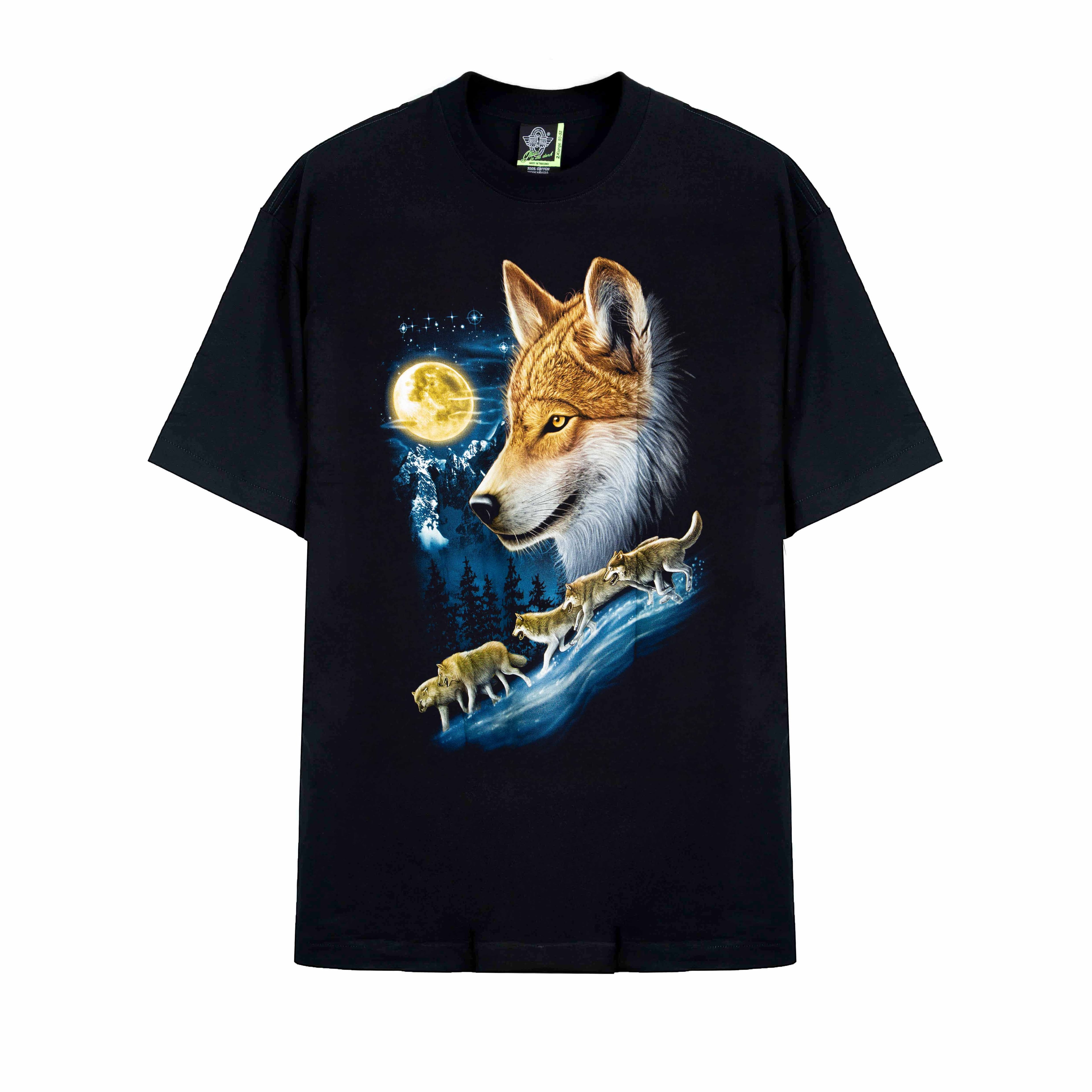 Rock Eagle black unisex t-shirt with a detailed graphic of a wolf's head, a glowing full moon, and three wolf pups walking in a snowy, blue-toned forest.