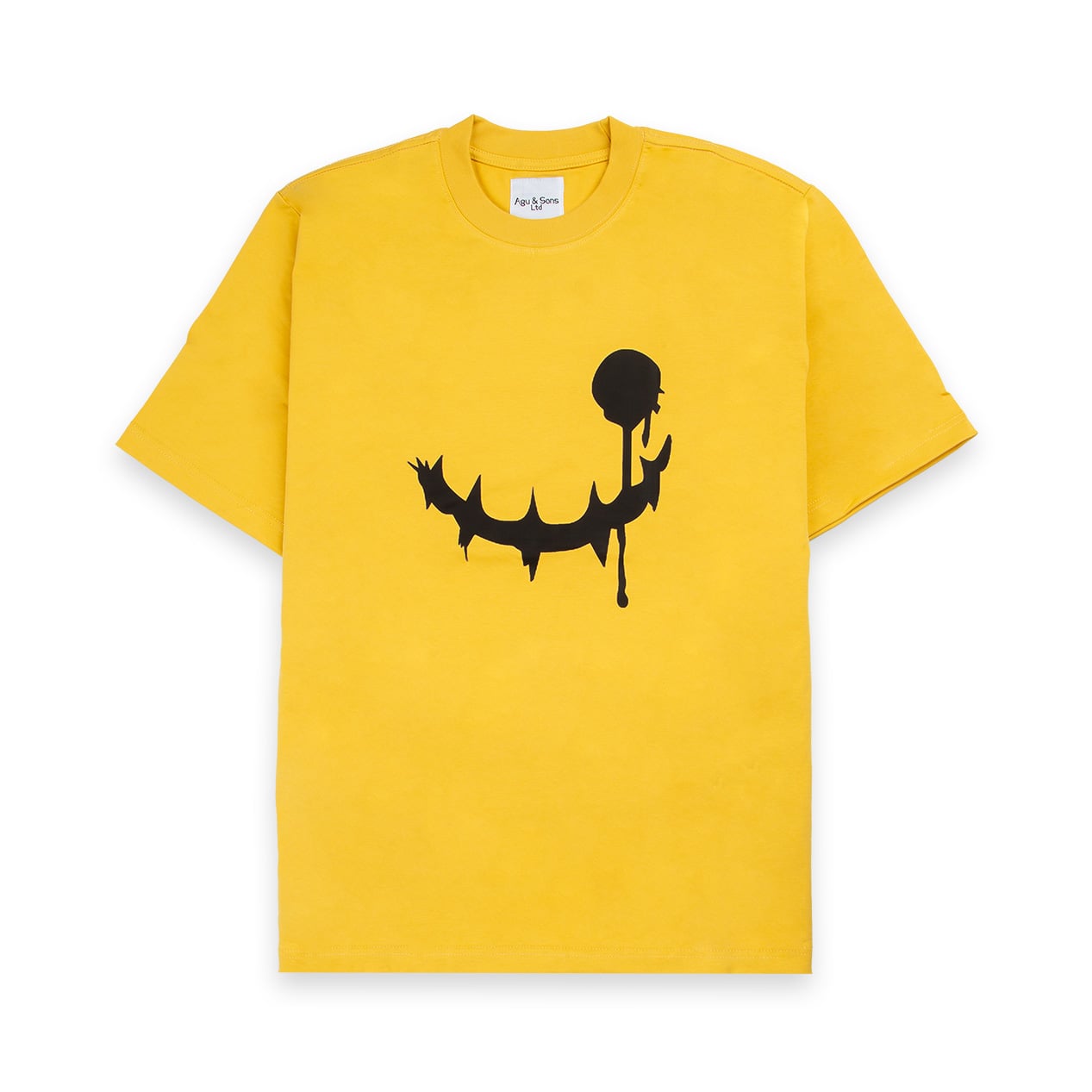 Yellow t-shirt with creepy dripping smile graphic. Edgy horror tee.