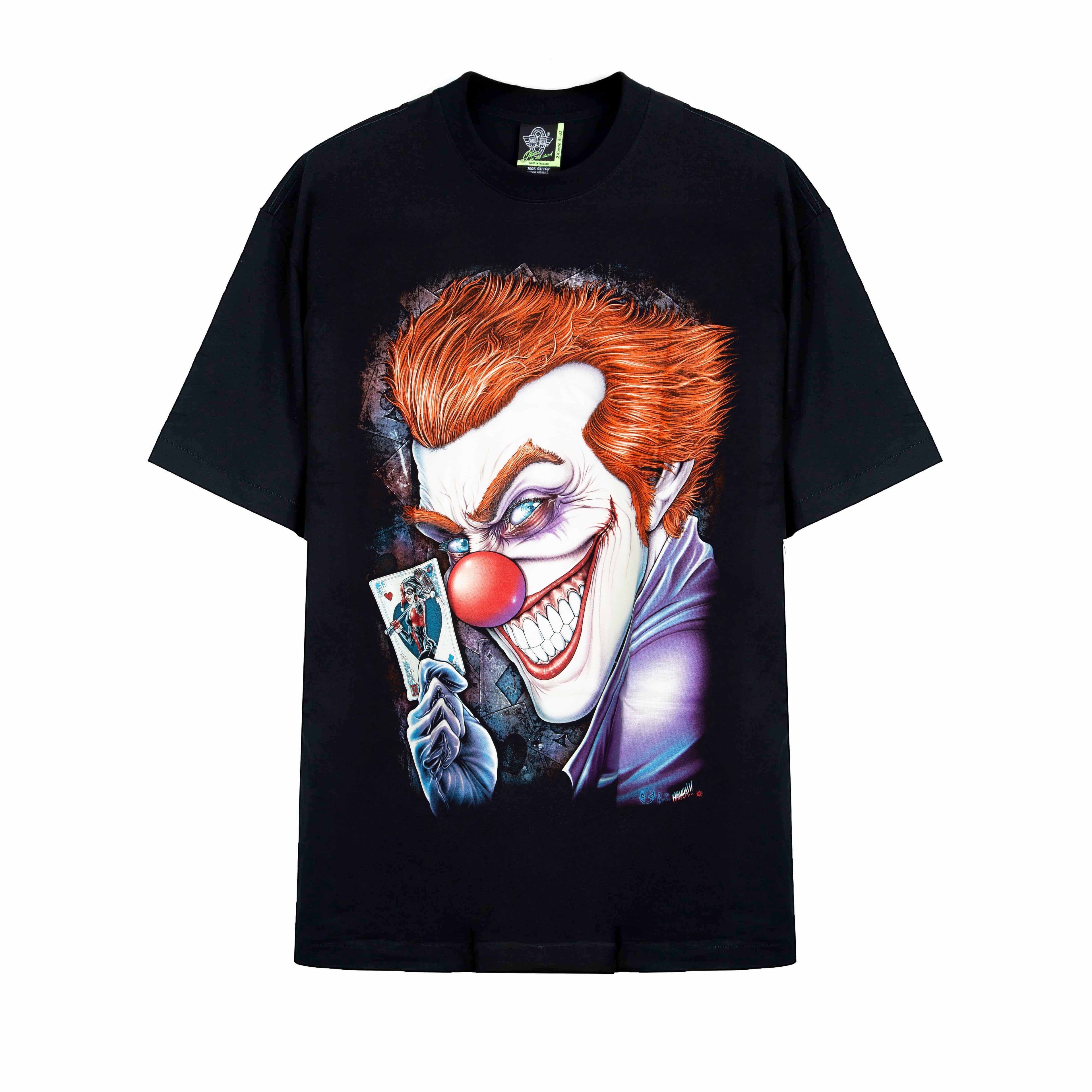 "Rock Eagle black unisex T-shirt with vivid sinister clown graphic holding a playing card – gothic streetwear design"