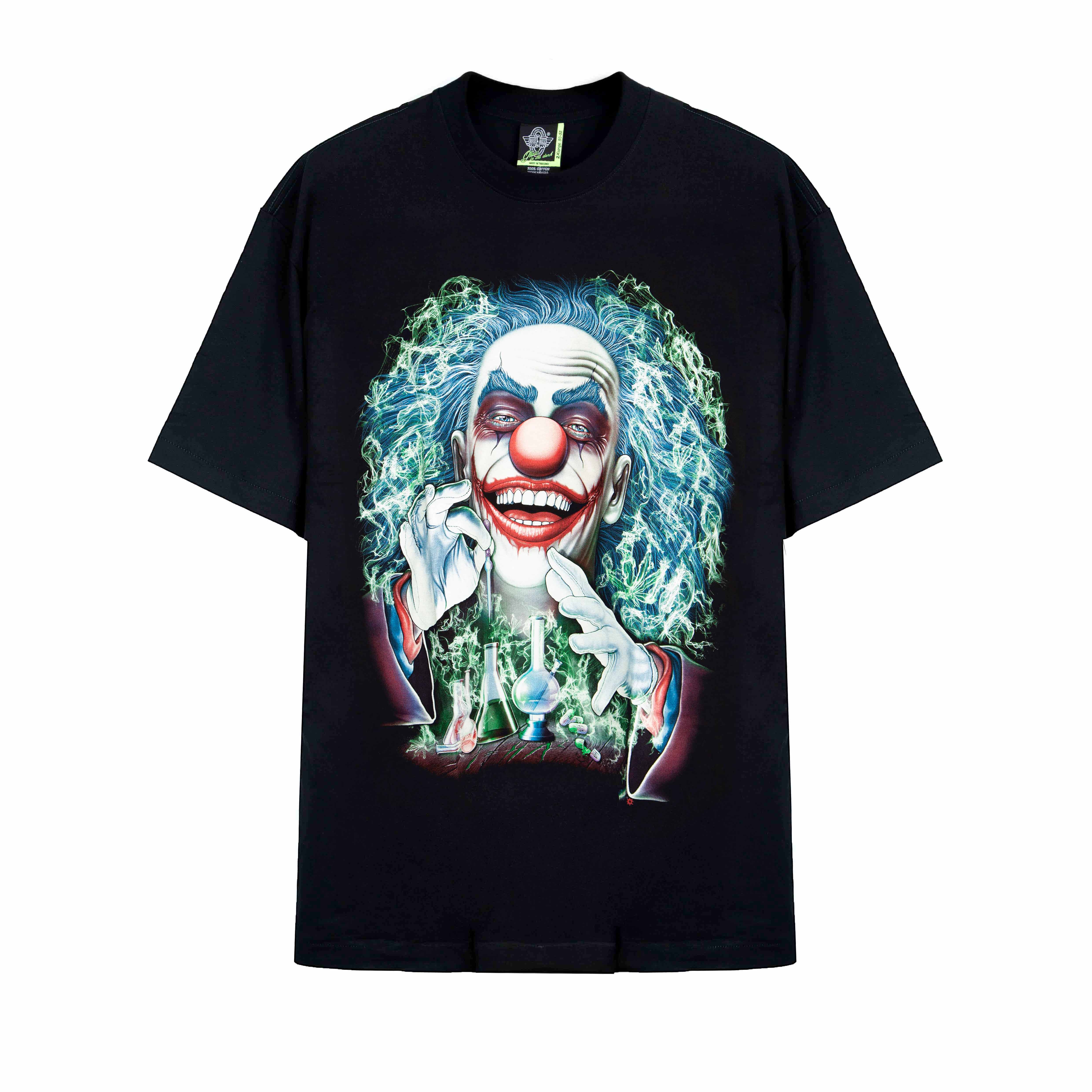 Rock Eagle black unisex t-shirt with a detailed, unsettling graphic of an evil clown with a wide grin, blue hair, and green glowing energy.