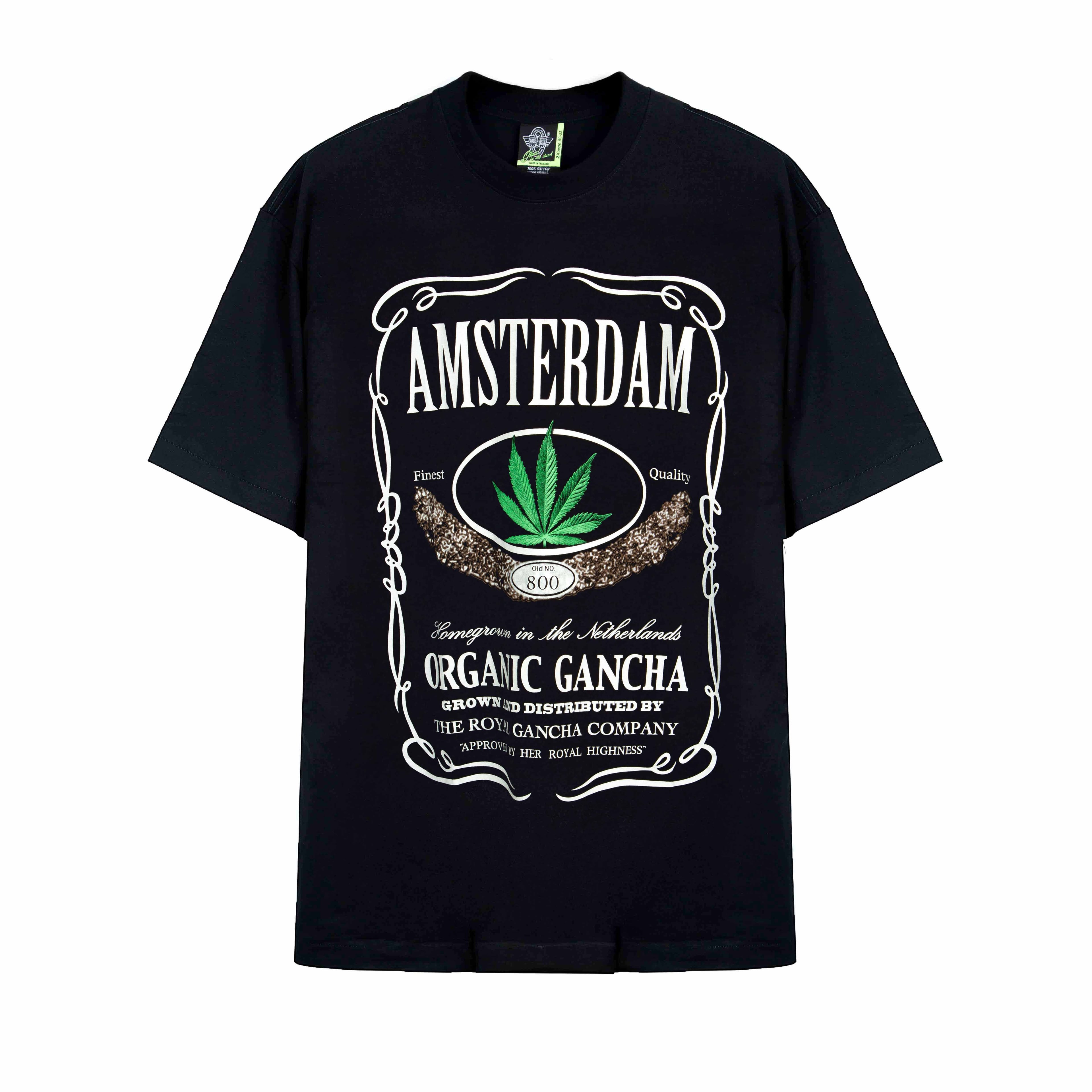 "Rock Eagle black unisex T-shirt with Amsterdam Organic Gancha cannabis leaf graphic"