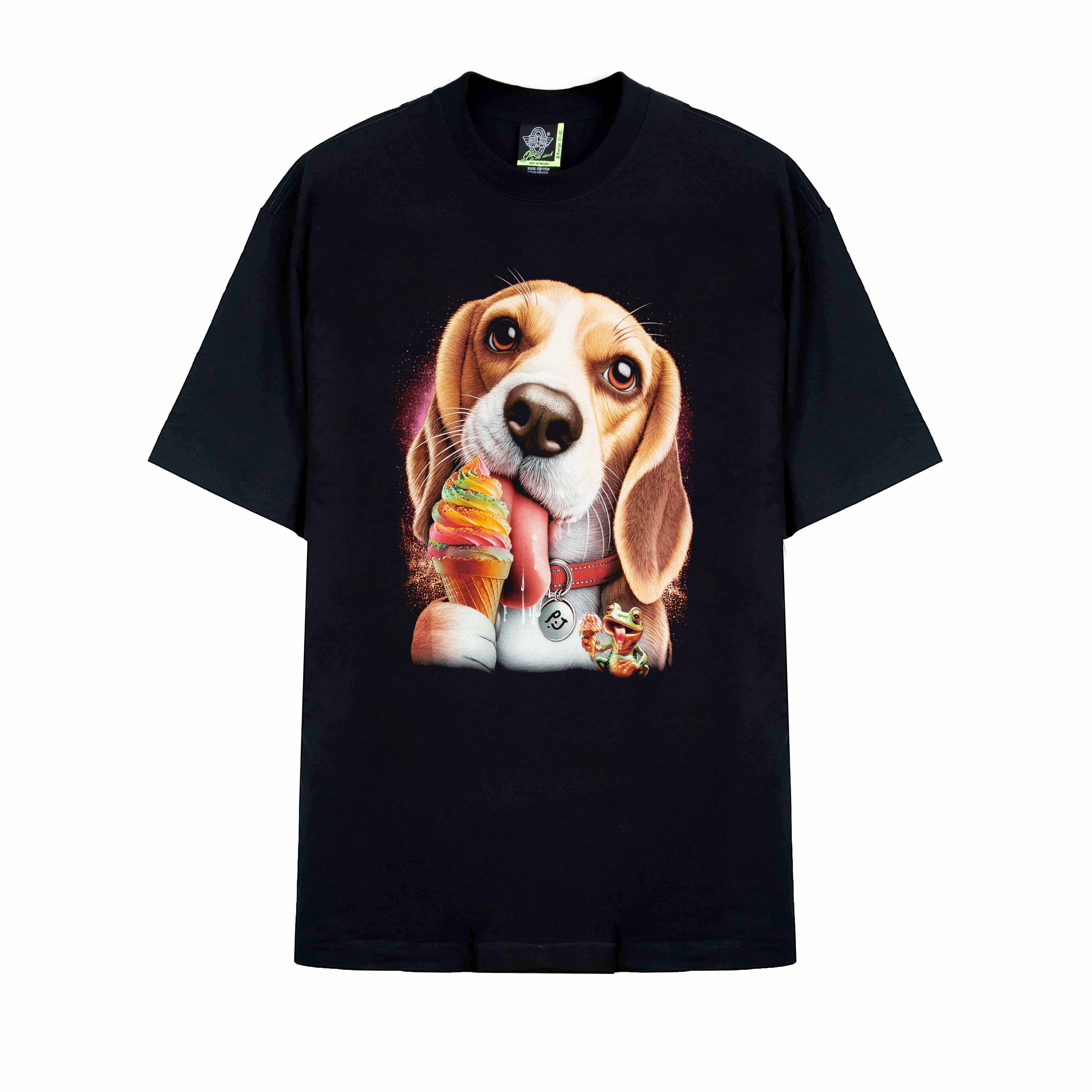 Rock Eagle black unisex t-shirt with a detailed, cute graphic of a Beagle dog happily licking a colorful, rainbow-swirl ice cream cone.