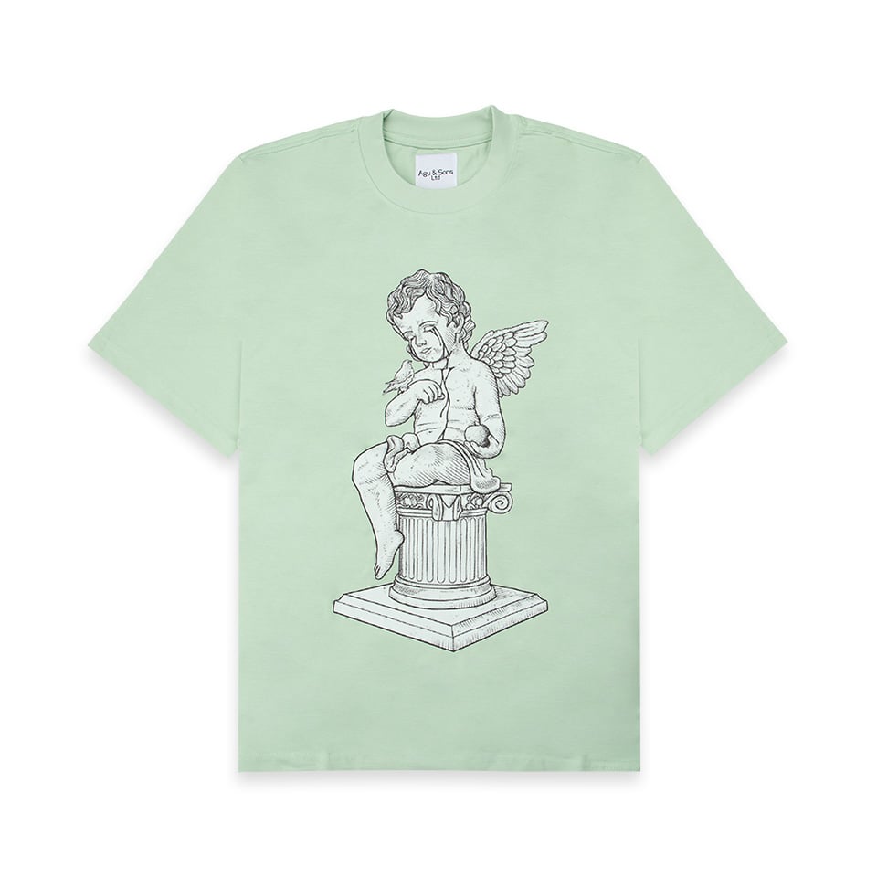 Mint green cherub Cupid graphic t-shirt. Renaissance angel tee.