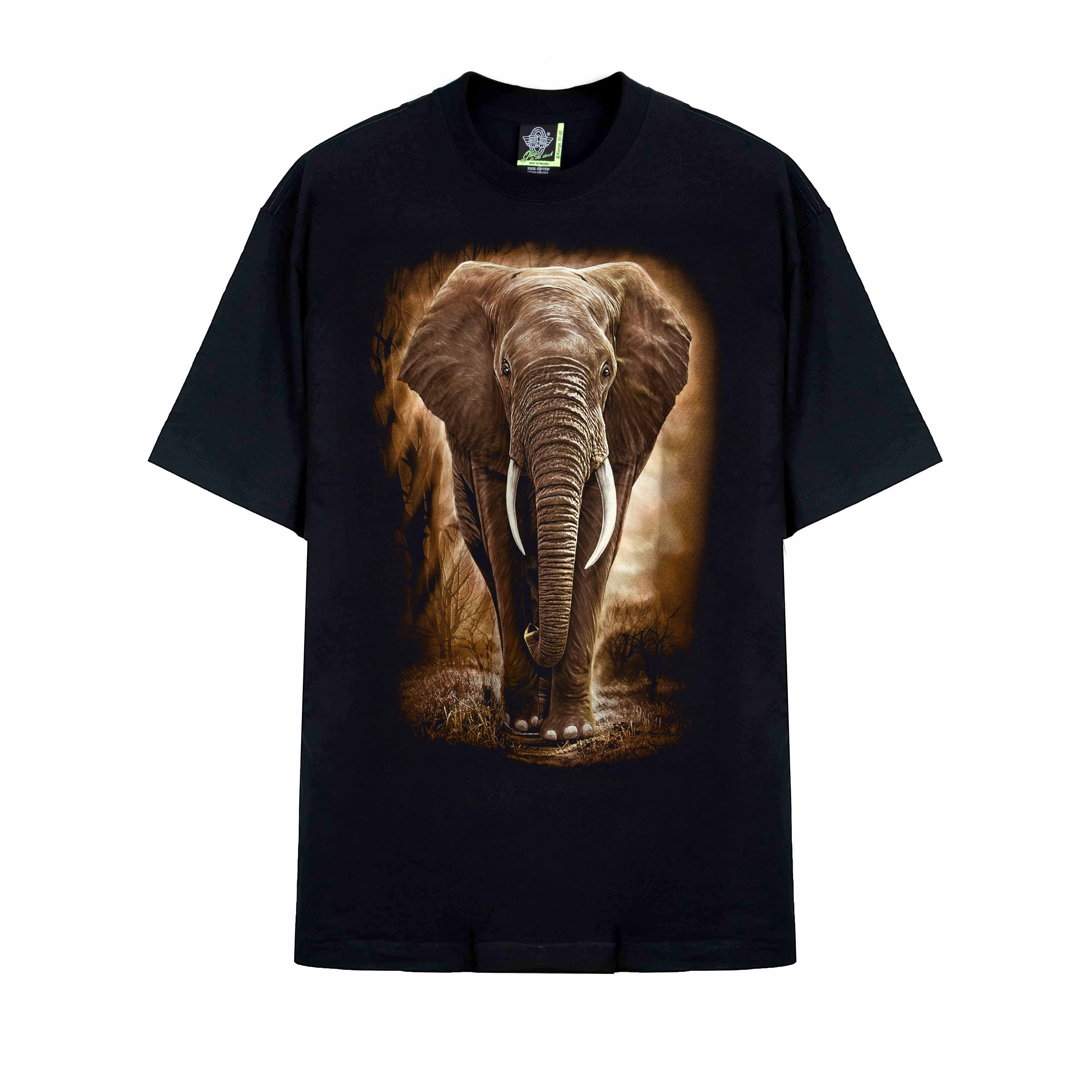 "Rock Eagle black unisex T-shirt with realistic elephant wildlife graphic"